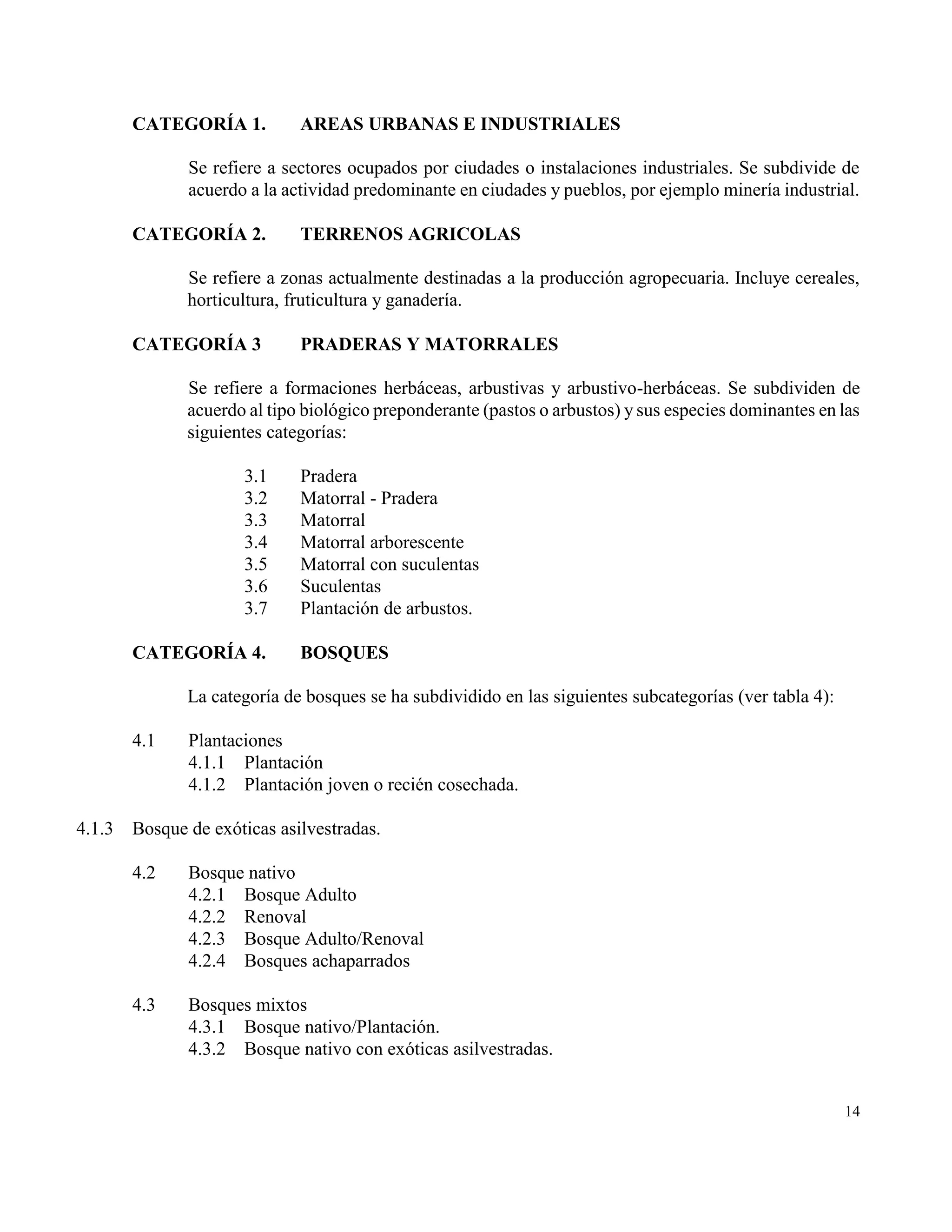 CATEGORÍA 1.          AREAS URBANAS E INDUSTRIALES

               Se refiere a sectores ocupados por ciudades o instalaciones industriales. Se subdivide de
               acuerdo a la actividad predominante en ciudades y pueblos, por ejemplo minería industrial.

        CATEGORÍA 2.          TERRENOS AGRICOLAS

               Se refiere a zonas actualmente destinadas a la producción agropecuaria. Incluye cereales,
               horticultura, fruticultura y ganadería.

        CATEGORÍA 3           PRADERAS Y MATORRALES

               Se refiere a formaciones herbáceas, arbustivas y arbustivo-herbáceas. Se subdividen de
               acuerdo al tipo biológico preponderante (pastos o arbustos) y sus especies dominantes en las
               siguientes categorías:

                      3.1     Pradera
                      3.2     Matorral - Pradera
                      3.3     Matorral
                      3.4     Matorral arborescente
                      3.5     Matorral con suculentas
                      3.6     Suculentas
                      3.7     Plantación de arbustos.

        CATEGORÍA 4.          BOSQUES

               La categoría de bosques se ha subdividido en las siguientes subcategorías (ver tabla 4):

        4.1    Plantaciones
               4.1.1 Plantación
               4.1.2 Plantación joven o recién cosechada.

4.1.3   Bosque de exóticas asilvestradas.

        4.2    Bosque nativo
               4.2.1 Bosque Adulto
               4.2.2 Renoval
               4.2.3 Bosque Adulto/Renoval
               4.2.4 Bosques achaparrados

        4.3    Bosques mixtos
               4.3.1 Bosque nativo/Plantación.
               4.3.2 Bosque nativo con exóticas asilvestradas.


                                                                                                          14
 