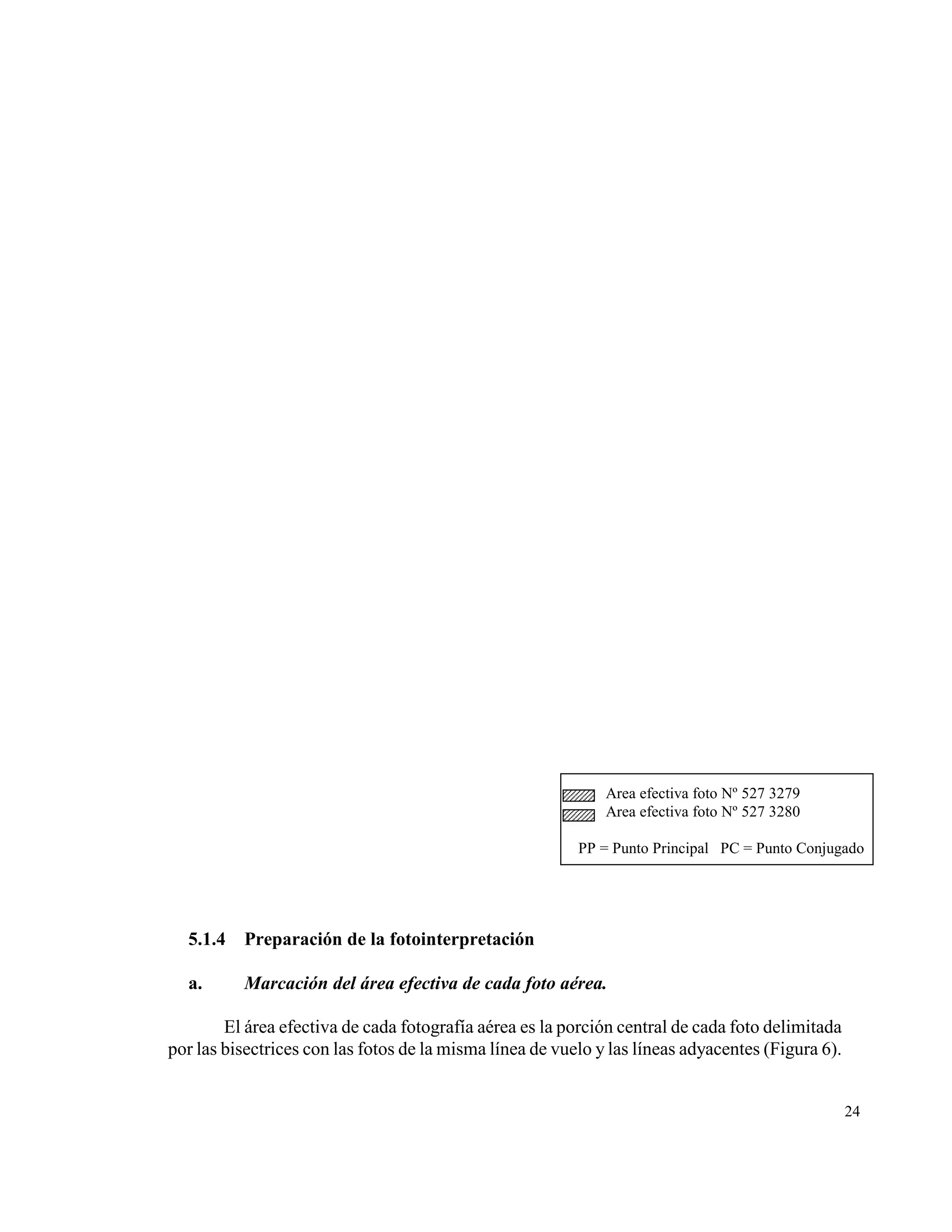 Area efectiva foto Nº 527 3279
                                                              Area efectiva foto Nº 527 3280

                                                          PP = Punto Principal PC = Punto Conjugado




  5.1.4   Preparación de la fotointerpretación

  a.      Marcación del área efectiva de cada foto aérea.

        El área efectiva de cada fotografía aérea es la porción central de cada foto delimitada
por las bisectrices con las fotos de la misma línea de vuelo y las líneas adyacentes (Figura 6).


                                                                                                   24
 