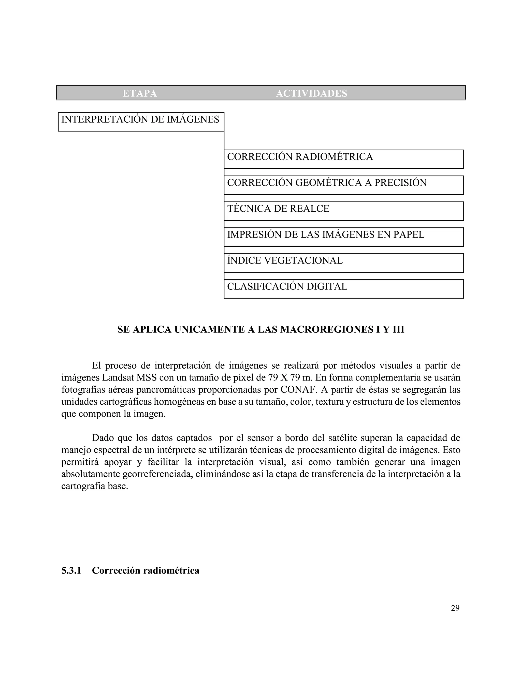 ETAPA                                 ACTIVIDADES

INTERPRETACIÓN DE IMÁGENES


                                         CORRECCIÓN RADIOMÉTRICA

                                         CORRECCIÓN GEOMÉTRICA A PRECISIÓN

                                         TÉCNICA DE REALCE

                                         IMPRESIÓN DE LAS IMÁGENES EN PAPEL

                                         ÍNDICE VEGETACIONAL

                                         CLASIFICACIÓN DIGITAL



              SE APLICA UNICAMENTE A LAS MACROREGIONES I Y III


       El proceso de interpretación de imágenes se realizará por métodos visuales a partir de
imágenes Landsat MSS con un tamaño de píxel de 79 X 79 m. En forma complementaria se usarán
fotografías aéreas pancromáticas proporcionadas por CONAF. A partir de éstas se segregarán las
unidades cartográficas homogéneas en base a su tamaño, color, textura y estructura de los elementos
que componen la imagen.

       Dado que los datos captados por el sensor a bordo del satélite superan la capacidad de
manejo espectral de un intérprete se utilizarán técnicas de procesamiento digital de imágenes. Esto
permitirá apoyar y facilitar la interpretación visual, así como también generar una imagen
absolutamente georreferenciada, eliminándose así la etapa de transferencia de la interpretación a la
cartografía base.




5.3.1   Corrección radiométrica


                                                                                                 29
 