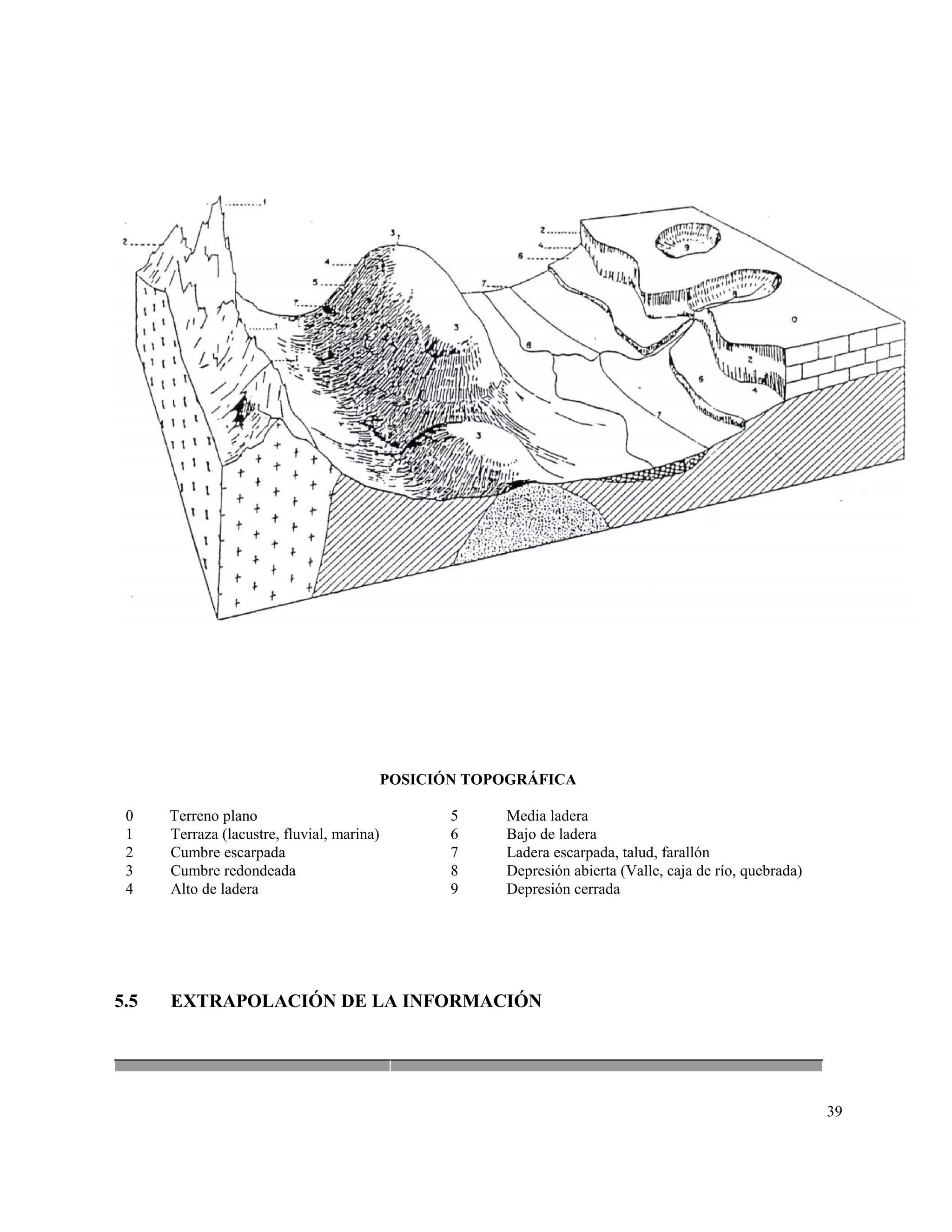 POSICIÓN TOPOGRÁFICA

 0    Terreno plano                                5    Media ladera
 1    Terraza (lacustre, fluvial, marina)          6    Bajo de ladera
 2    Cumbre escarpada                             7    Ladera escarpada, talud, farallón
 3    Cumbre redondeada                            8    Depresión abierta (Valle, caja de río, quebrada)
 4    Alto de ladera                               9    Depresión cerrada




5.5   EXTRAPOLACIÓN DE LA INFORMACIÓN




                                                                                                           39
 