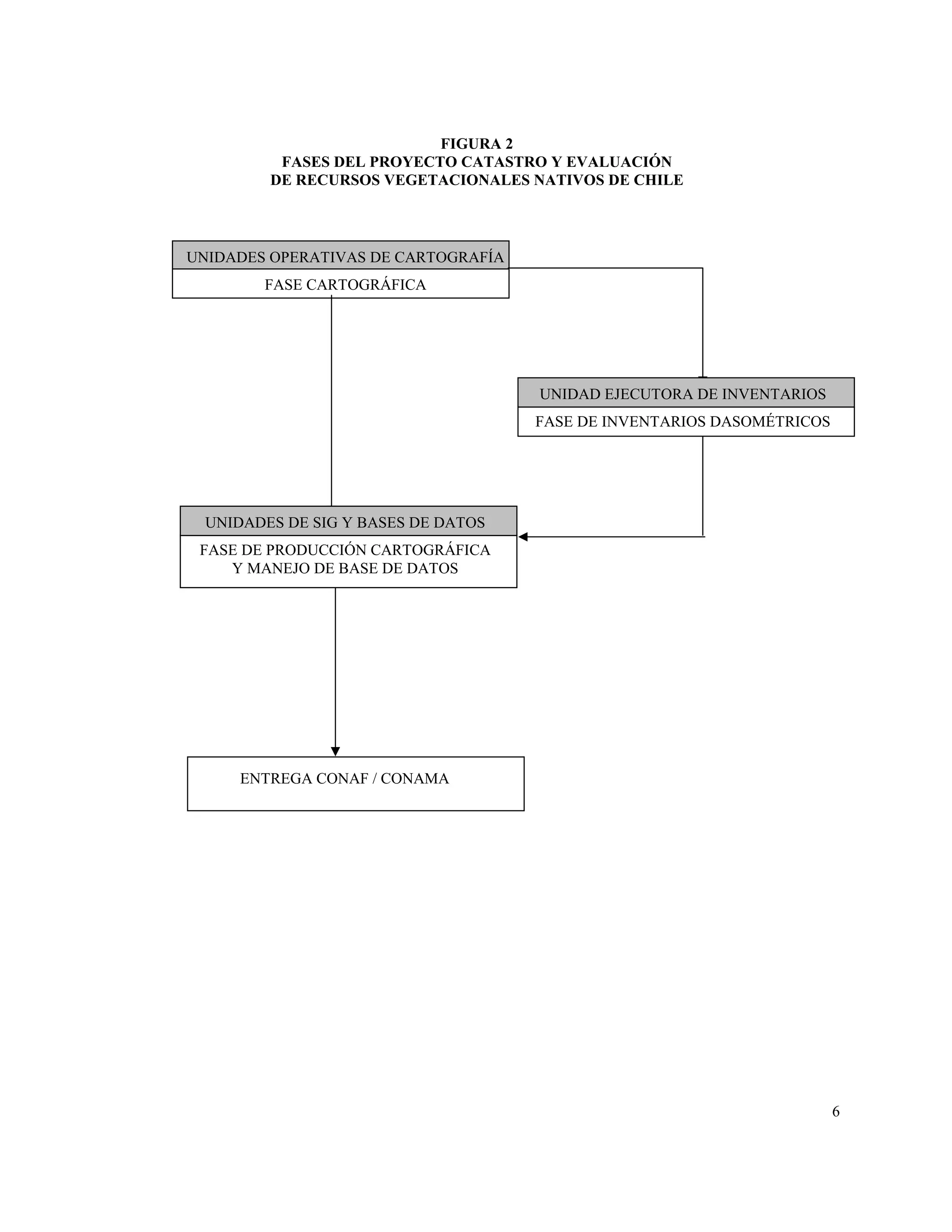 FIGURA 2
         FASES DEL PROYECTO CATASTRO Y EVALUACIÓN
        DE RECURSOS VEGETACIONALES NATIVOS DE CHILE



UNIDADES OPERATIVAS DE CARTOGRAFÍA
        FASE CARTOGRÁFICA




                                     UNIDAD EJECUTORA DE INVENTARIOS
                                     FASE DE INVENTARIOS DASOMÉTRICOS




 UNIDADES DE SIG Y BASES DE DATOS
 FASE DE PRODUCCIÓN CARTOGRÁFICA
    Y MANEJO DE BASE DE DATOS




     ENTREGA CONAF / CONAMA




                                                                        6
 
