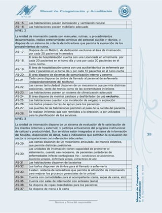 36
Nombre y firma del responsable
Manual de Categorización y Acreditación
A6- LABORATORIO DE ANÁLISIS CLÍNICOS
El laboratorio de análisis clínicos realiza los exámenes de acuerdo con el grado de
complejidad
Debe estar habilitado por el MSP y BS como requisito previo a la consideración de
los ítems subsiguientes
NIVEL 1
El Profesional Responsable del laboratorio tiene habilitación específica y supervisa la
realización de los exámenes; cuenta con profesionales especializados y técnicos de
guardia activa o a distancia, durante 24 hs. Tiene estructura para procesar los análisis
que constan en el anexo A de este manual y se hace mantenimiento de los equipos.
Realiza controles estadísticos de los procesos.
A6-01.	
El laboratorio debe estar bajo la responsabilidad de un Profesional
Bioquímico, quien realiza los análisis y firma todos los informes
A6-02.	
El personal que trabaja en el laboratorio recibe periódicamente (por
lo menos una vez al año) capacitación en bioseguridad. (Verificación:
Certificados, Manual de normas y procedimientos con un capítulo de
bioseguridad)
A6-03.	
Los recursos humanos (profesionales, técnicos y auxiliares) deben tener
certificación y registro del MSPyBS.
A6-04.	 El laboratorio tiene guardia pasiva de profesional bioquímico.
A6-05.	 El área física está acorde con las resoluciones del MSP y BS.
A6-06.	
El laboratorio cuenta con un espacio físico para extracción de material,
dentro de su área física, independientemente del área de procesamiento
o de trabajo
A6-07.	
Tiene depósito de reactivos adecuado. (Según las especificaciones
de los reactivos y de acuerdo a las normas de bioseguridad y de
almacenamiento de reactivos)
A6-08.	
Poseen un espacio señalizado destinado exclusivamente a los reactivos
vencidos, hasta su desecho final
A6-09.	 El laboratorio dispone del equipamiento mínimo especificado en el Anexo D
A6-10.	 Puede procesar por si los análisis listados en el anexo “A”.
A6-11.	
La heladera es de uso exclusivo y se encuentra conectada a un sistema
alternativo de energía eléctrica.
A6-12.	
Existe un manual de procedimientos técnicos y el mismo es conocido por
los funcionarios.
A6-13.	
Sus mecanismos de disposición de desechos contaminantes y
patológicos, se adecuan a las normas del MSP y BS.
A6-14.	 Se lleva registro diario de todas la pruebas realizadas
A6-15.	
Se llevan planillas o registros de control y verificación de fecha de
vencimiento de los reactivos.
A6-16.	
El laboratorio tiene capacidad para entrega de los exámenes básicos de
urgencia en un tiempo máximo de 1 hora. (recuento de glóbulos rojo
y blancos, glicemia, hemoglobina, pruebas básicas de coagulación-TP,
TTPA, Fibrinógeno y Plaquetas)
A6-17.	
Los informes incluyen información sobre valores de referencia , conforme
a la técnica utilizada.
 