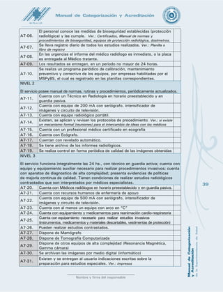 40
Nombre y firma del responsable
Manual de Categorización y Acreditación
A8- UNIDAD DE MEDICINA TRANSFUSIONAL
La Unidad de Medicina Transfusional es responsable de las actividades que
envuelven prácticas relacionadas a transfusión de sangre y hemocomponentes:
promoción de la donación voluntaria, la recepción, el almacenamiento, la
compatibilización de la sangre, de la correspondencia de grupos sanguíneos para
los componentes, exanguíneo-transfusión, aféresis terapéuticas, flebotomías
terapéuticas y del establecimiento de mecanismos de hemovigilancia. (Ley
3441/08, Resolución S.G. 972/ 06). Requisitos válidos para los tres niveles.
Debe estar habilitado por el MSP y BS como requisito previo a la consideración de los
ítems subsiguientes
NIVEL 1, 2 y 3
El hospital o sanatorio cuenta con una Unidad de Medicina Transfusional disponible
que funcionara como parte de la Red Nacional de Servicios de sangre y de la cual
obtiene sangre y hemocomponentes. Serán abastecidos por un Centro Productor
de Hemocomponentes y deberá contar con un convenio de suministro de sangre y
hemocomponentes seguros con el mismo. El personal deberá ser especializado en
hemoterapia y/o hematología y el personal técnico deberá contar con título habilitante;
el funcionamiento de esta unidad está de acuerdo con los patrones de control; existe
un relacionamiento formal entre la unidad y el hospital.
A8-01.	
La unidad de medicina transfusional estará a cargo de un profesional
médico, hematólogo-hemoterapeuta o calificado por la autoridad
competente  Ver.: contrato y certificación
A8-02.	
Cuenta con Profesional Médico o Bioquímico, Lic. en Enfermería o
Técnico hemoterapeuta capacitados para control de transfusiones.
A8-03.	
Cuenta con contrato de prestación de servicios con un hemoterapeuta o
hematólogo médico
A8-04.	
Cuenta con un área de almacenamiento de sangre y otra para estudios
inmunohematológicos.
A8-05.	
Dispone de heladera con temperatura graduada adecuada para
conservación de sangre.
A8-06.	
Dispone de freezer a temperatura (menos) -20 grados para conservación
de plasma.
A8-07.	
Las condiciones de reservas, transporte y validez de la sangre y
sus componentes se aseguran con refrigeradores utilizados para el
almacenamiento de sangre/componentes, que posean termómetros en su
interior, con verificación y anotación de la temperatura cada 6horas por
lo menos (excepto en el sistema automático), termómetro en el interior
de la caja de transporte. Ver.: Registros
A8-08.	
Tiene contrato de prestación de servicio con un Centro Productor de Sangre
de su área. (Central, Oviedo, Encarnación, Ciudad del Este, Concepción)
A8-09.	
Realiza estudios inmunohematológicos en el receptor. (Grupo Sanguíneo
AB0, Factor Rh, búsqueda de anticuerpo irregular)
A8-10.	 Obtiene sangre y hemocomponentes del Centro Productor.
A8-11.	
Tienen normas escritas de control de calidad. (Manual de procedimientos,
manual de bioseguridad) Están disponibles y actualizadas
A8-12.	
Cuenta con registro de transfusión por paciente. (Historia Clínica:
solicitud, fecaha de transfusión, código de hemocomponente
transfundido, cantidad, tipo y responsable del procedimiento)
 