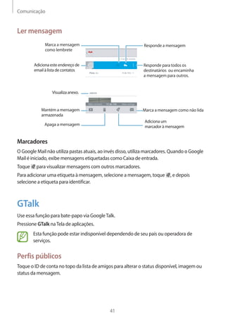 Comunicação 
41 
Ler mensagem 
Visualiza anexo. 
Marca a mensagem como não lida 
Adiciona um 
marcador à mensagem 
Marca a mensagem 
como lembrete 
Apaga a mensagem 
Responde a mensagem 
Responde para todos os 
destinatários ou encaminha 
a mensagem para outros. 
Adiciona este endereço de 
email à lista de contatos 
Mantém a mensagem 
armazenada 
Marcadores 
O Google Mail não utiliza pastas atuais, ao invés disso, utiliza marcadores. Quando o Google 
Mail é iniciado, exibe mensagens etiquetadas como Caixa de entrada. 
Toque para visualizar mensagens com outros marcadores. 
Para adicionar uma etiqueta à mensagem, selecione a mensagem, toque , e depois 
selecione a etiqueta para identificar. 
GTalk 
Use essa função para bate-papo via Google Talk. 
Pressione GTalk na Tela de aplicações. 
Esta função pode estar indisponível dependendo de seu país ou operadora de 
serviços. 
Perfis públicos 
Toque o ID de conta no topo da lista de amigos para alterar o status disponível, imagem ou 
status da mensagem. 
 