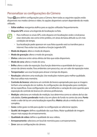 Mídia 
52 
Personalizar as configurações da Câmera 
Toque para definir configurações para a Câmera. Nem todas as seguintes opções estão 
disponíveis nos modos câmera e vídeo. As opções disponíveis variam dependendo do modo 
utilizado. 
• Editar atalhos: reorganiza atalhos para as opções utilizadas frequentemente. 
• Etiqueta GPS: anexe uma legenda de localização na foto. 
• Para melhorar os sinais GPS, evite disparos em localizações onde o sinal possa 
estar obstruído, tais como entre prédios, em áreas de baixa altitude ou em más 
condições de tempo. 
• Sua localização pode aparecer em suas fotos quando você as transfere para a 
internet. Para evitar isso, desative a função Legenda GPS. 
• Modo de disparo: altera o modo de disparo. 
• Modo de gravação: altera o modo de gravação. 
• Efeitos: selecione entre vários efeitos de foto que estão disponíveis. 
• Modo de cena: altera o modo de cena. 
• Brilho: altera o valor de exposição. Essa função determina a quantidade de luz que o 
sensor da câmera recebe. Para ambientes com pouca luz, use um valor de exposição maior. 
• Temporizador: use essa função para atrasar o tempo do disparo. 
• Resolução: selecione uma resolução. Use resoluções maiores para melhor qualidade. 
Mas isso utiliza mais memória. 
• Controle do branco: seleciona um controle do branco apropriado para que as imagens 
tenham uma variação de cor realista. As configurações são designadas para condições 
de luz específicas. Essas configurações são semelhantes a variação de cores quentes para 
exposição do controle do branco em câmeras profissionais. 
• Medição: seleciona um método de medição. Isso determina como os valores de luz são 
calculados. Centro ponderado mede a luz em plano de fundo no centro da cena. Ponto 
mede o valor de luz em uma localização específica. Matriz calcula a média da cena 
completa. 
• Guias: exibe guias na tela para ajudar na configuração ao selecionar opções. 
• Qualid. de imagem: define a qualidade das suas fotos. Maior qualidade de imagem 
requer mais espaço de armazenamento. 
• Qualidade de vídeo: define a qualidade de seus vídeos. 
• Armazenamento: seleciona um local de memória para o armazenamento. 
• Zerar: zera as configurações da câmera. 
 