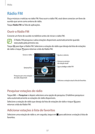 Mídia 
57 
Rádio FM 
Ouça músicas e notícias no rádio FM. Para ouvir o rádio FM, você deve conectar um fone de 
ouvido que serve como antena de rádio. 
Toque Rádio FM na Tela de aplicações. 
Ouvir o Rádio FM 
Conecte um fone de ouvido no telefone antes de iniciar o rádio FM. 
O Rádio FM pesquisa e salva estações disponíveis automaticamente quando 
executado pela primeira vez. 
Toque para ligar o Rádio FM. Selecione a estação de rádio que deseja da lista de estações 
de rádio e toque para retornar a tela do Rádio FM. 
Adiciona a estação atual a lista de favoritos 
Liga ou desliga o rádio FM 
Acessa os serviços 
da estação atual 
Ajusta o volume. 
Pesquisa por uma estação 
de rádio disponível 
Sintonia fina 
Grava o rádio 
Pesquisar estações de rádio 
Toque → Pesquisar e depois selecione uma opção de pesquisa. O telefone pesquisa e 
salva automaticamente as estações de rádio disponíveis. 
Selecione a estação de rádio que deseja da lista de estações de rádio e toque para 
retornar a tela do Rádio FM. 
Adicionar estações à lista de favoritos 
Selecione uma estação de rádio e, em seguida, toque em para adicionar a estação à lista de 
favoritos. 
 