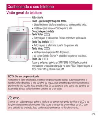 21
Visão geral do telefone
Alto-falante
Sensor de proximidade
Tecla Tela inicial
•	 Retorna para a tela inicial a partir de qualquer tela.
Tecla Voltar
•	 Retorna para a tela anterior. Sai dos aplicativos após usá-lo.
Tecla Ligar/Desligar/Bloquear
•	 Ligue/desligue o telefone pressionando e segurando a tecla.
•	 Pressione para bloquear/desbloquear a tela
Tecla Menu
•	 Verifique quais opções estão disponíveis.
•	 Vá para o Google Search™ tocando e segurando esta tecla.
Tecla SIM
Toque a tecla para selecionar SIM1/SIM2 (O SIM selecionado é
marcado por uma caixa retangular no ícone RSSI).Toque e segure a
tecla para ir até ajustes do Dual SIM.
NOTA: Sensor de proximidade
Ao receber e fazer chamadas, o sensor de proximidade desliga automaticamente a
luz de fundo e bloqueia a tela sensível ao toque, pois percebe quando o telefone está
próximo do seu ouvido. Isso amplia a vida útil da bateria e evita que a tela sensível ao
toque seja ativada acidentalmente durante as chamadas.
AVISO
Colocar um objeto pesado sobre o telefone ou sentar nele pode danificar o LCD e as
funções da tela sensível ao toque. Não cubra o sensor de proximidade do LCD com
uma película de proteção. Isso pode causar problemas no funcionamento.
Conhecendo o seu telefone
 
