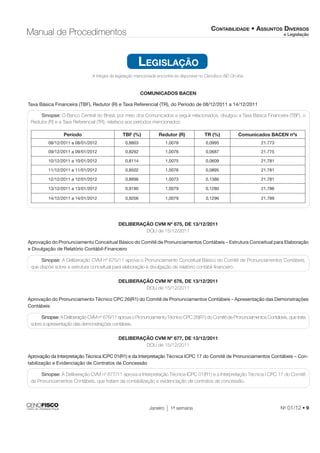 CONTABILIDADE • ASSUNTOS DIVERSOS 
e Legislação Manual de Procedimentos 
LEGISLAÇÃO 
A íntegra da legislação mencionada encontra-se disponível no Cenofi sco BD On-line. 
COMUNICADOS BACEN 
Taxa Básica Financeira (TBF), Redutor (R) e Taxa Referencial (TR), do Período de 08/12/2011 a 14/12/2011 
Sinopse: O Banco Central do Brasil, por meio dos Comunicados a seguir relacionados, divulgou a Taxa Básica Financeira (TBF), o 
Redutor (R) e a Taxa Referencial (TR), relativos aos períodos mencionados: 
Período TBF (%) Redutor (R) TR (%) Comunicados BACEN nºs 
08/12/2011 a 08/01/2012 0,8803 1,0078 0,0995 21.773 
09/12/2011 a 09/01/2012 0,8292 1,0076 0,0687 21.775 
10/12/2011 a 10/01/2012 0,8114 1,0075 0,0609 21.781 
11/12/2011 a 11/01/2012 0,8502 1,0076 0,0895 21.781 
12/12/2011 a 12/01/2012 0,8696 1,0073 0,1386 21.781 
13/12/2011 a 13/01/2012 0,9190 1,0079 0,1280 21.786 
14/12/2011 a 14/01/2012 0,9206 1,0079 0,1296 21.789 
DELIBERAÇÃO CVM Nº 675, DE 13/12/2011 
DOU de 15/12/2011 
Aprovação do Pronunciamento Conceitual Básico do Comitê de Pronunciamentos Contábeis – Estrutura Conceitual para Elaboração 
e Divulgação de Relatório Contábil-Financeiro 
Sinopse: A Deliberação CVM nº 675/11 aprova o Pronunciamento Conceitual Básico do Comitê de Pronunciamentos Contábeis, 
que dispõe sobre a estrutura conceitual para elaboração e divulgação de relatório contábil-fi nanceiro. 
DELIBERAÇÃO CVM Nº 676, DE 13/12/2011 
DOU de 15/12/2011 
Aprovação do Pronunciamento Técnico CPC 26(R1) do Comitê de Pronunciamentos Contábeis – Apresentação das Demonstrações 
Contábeis 
Sinopse: A Deliberação CVM nº 676/11 aprova o Pronunciamento Técnico CPC 26(R1) do Comitê de Pronunciamentos Contábeis, que trata 
Janeiro 1a semana No 01/12 • 9 
sobre a apresentação das demonstrações contábeis. 
DELIBERAÇÃO CVM Nº 677, DE 13/12/2011 
DOU de 15/12/2011 
Aprovação da Interpretação Técnica ICPC 01(R1) e da Interpretação Técnica ICPC 17 do Comitê de Pronunciamentos Contábeis – Con-tabilização 
e Evidenciação de Contratos de Concessão 
Sinopse: A Deliberação CVM nº 677/11 aprova a Interpretação Técnica ICPC 01(R1) e a Interpretação Técnica I CPC 17 do Comitê 
de Pronunciamentos Contábeis, que tratam da contabilização e evidenciação de contratos de concessão. 
 