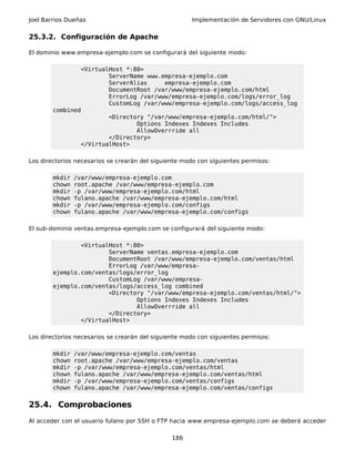 Joel Barrios Dueñas Implementación de Servidores con GNU/Linux
25.3.2. Configuración de Apache
El dominio www.empresa-ejemplo.com se configurará del siguiente modo:
<VirtualHost *:80>
ServerName www.empresa-ejemplo.com
ServerAlias empresa-ejemplo.com
DocumentRoot /var/www/empresa-ejemplo.com/html
ErrorLog /var/www/empresa-ejemplo.com/logs/error_log
CustomLog /var/www/empresa-ejemplo.com/logs/access_log
combined
<Directory "/var/www/empresa-ejemplo.com/html/">
Options Indexes Indexes Includes
AllowOverrride all
</Directory>
</VirtualHost>
Los directorios necesarios se crearán del siguiente modo con siguientes permisos:
mkdir /var/www/empresa-ejemplo.com
chown root.apache /var/www/empresa-ejemplo.com
mkdir -p /var/www/empresa-ejemplo.com/html
chown fulano.apache /var/www/empresa-ejemplo.com/html
mkdir -p /var/www/empresa-ejemplo.com/configs
chown fulano.apache /var/www/empresa-ejemplo.com/configs
El sub-dominio ventas.empresa-ejemplo.com se configurará del siguiente modo:
<VirtualHost *:80>
ServerName ventas.empresa-ejemplo.com
DocumentRoot /var/www/empresa-ejemplo.com/ventas/html
ErrorLog /var/www/empresa-
ejemplo.com/ventas/logs/error_log
CustomLog /var/www/empresa-
ejemplo.com/ventas/logs/access_log combined
<Directory "/var/www/empresa-ejemplo.com/ventas/html/">
Options Indexes Indexes Includes
AllowOverrride all
</Directory>
</VirtualHost>
Los directorios necesarios se crearán del siguiente modo con siguientes permisos:
mkdir /var/www/empresa-ejemplo.com/ventas
chown root.apache /var/www/empresa-ejemplo.com/ventas
mkdir -p /var/www/empresa-ejemplo.com/ventas/html
chown fulano.apache /var/www/empresa-ejemplo.com/ventas/html
mkdir -p /var/www/empresa-ejemplo.com/ventas/configs
chown fulano.apache /var/www/empresa-ejemplo.com/ventas/configs
25.4. Comprobaciones
Al acceder con el usuario fulano por SSH o FTP hacia www.empresa-ejemplo.com se deberá acceder
186
 