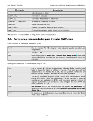 Joel Barrios Dueñas Implementación de Servidores con GNU/Linux
Directorio Descripción
subordinados de éste.
/var/lock/ Ficheros de bloqueo.
/var/log/ Ficheros y directorios de bitácoras.
/var/mail/ (opcional) Buzones de correo de usuarios.
/var/opt/ Datos variables de /opt/.
/var/spool/ Colas y carretes de datos de aplicaciones.
/var/tmp/ Ficheros temporales preservados entre reinicios.
Más detalles acerca del FSH en http://www.pathname.com/fhs/.
2.3. Particiones recomendadas para instalar GNU/Linux
Como mínimo se requieren tres particiones:
/boot Por lo menos 75 MB. Asignar más espacio puede considerarse
desperdicio.
/ 350 a 512 MB.
Swap Debe asignarse el doble del tamaño del RAM físico; esta será
siempre la última partición del disco duro y no se le asigna punto de
montaje.
Otras particiones que se recomienda asignar son:
/usr Por lo menos 1.5 GB en instalaciones básicas. Debe considerarse
todo el sustento lógico a utilizar a futuro. Para uso general, se
recomiendan no menos de 5 GB. De ser posible, considere un
tamaño óptimo de hasta 8 GB en instalaciones promedio.
/tmp 350 MB y se puede asignar hasta 2 GB o más dependiendo de la
carga de trabajo y tipo de aplicaciones. Si por ejemplo el sistema
cuenta con un grabador de DVD, será necesario asignar a /tmp el
espacio suficiente para almacenar una imagen de disco DVD, es
decir, al menos 4.2 GB.
/var Un mínimo de 512 MB en estaciones de trabajo sin servicios. En
servidores, regularmente se le asigna cuando menos la mitad del
disco duro.
/home En estaciones de trabajo se asigna cuando menos la mitad del disco
duro a esta partición.
29
 