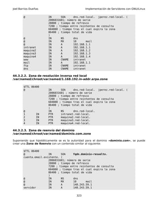 Joel Barrios Dueñas Implementación de Servidores con GNU/Linux
@ IN SOA dns.red-local. jperez.red-local. (
2006031601; número de serie
28800 ; tiempo de refresco
7200 ; tiempo entre reintentos de consulta
604800 ; tiempo tras el cual expira la zona
86400 ; tiempo total de vida
)
@ IN NS dns
@ IN MX 10 mail
@ IN A 192.168.1.1
intranet IN A 192.168.1.1
maquina2 IN A 192.168.1.2
maquina3 IN A 192.168.1.3
maquina4 IN A 192.168.1.4
www IN CNAME intranet
mail IN A 192.168.1.1
ftp IN CNAME intranet
dns IN CNAME intranet
44.3.2.2. Zona de resolución inversa red local
/var/named/chroot/var/named/1.168.192.in-addr.arpa.zone
$TTL 86400
@ IN SOA dns.red-local. jperez.red-local. (
2006031601 ; número de serie
28800 ; tiempo de refresco
7200 ; tiempo entre reintentos de consulta
604800 ; tiempo tras el cual expira la zona
86400 ; tiempo total de vida
)
@ IN NS dns.red-local.
1 IN PTR intranet.red-local.
2 IN PTR maquina2.red-local.
3 IN PTR maquina3.red-local.
4 IN PTR maquina4.red-local.
44.3.2.3. Zona de reenvío del dominio
/var/named/chroot/var/named/dominio.com.zone
Suponiendo que hipotéticamente se es la autoridad para el dominio «dominio.com», se puede
crear una Zona de Reenvio con un contenido similar al siguiente:
$TTL 86400
@ IN SOA fqdn.dominio-resuelto.
cuenta.email.existente. (
2006031601; número de serie
28800 ; tiempo de refresco
7200 ; tiempo entre reintentos de consulta
604800 ; tiempo tras el cual expira la zona
86400 ; tiempo total de vida
)
@ IN NS dns
@ IN MX 10 mail
@ IN A 148.243.59.1
servidor IN A 148.243.59.1
323
 