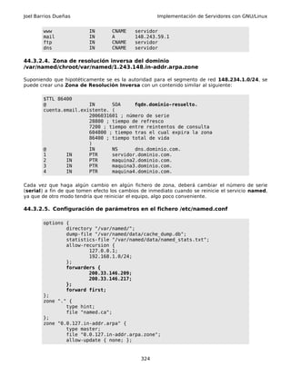 Joel Barrios Dueñas Implementación de Servidores con GNU/Linux
www IN CNAME servidor
mail IN A 148.243.59.1
ftp IN CNAME servidor
dns IN CNAME servidor
44.3.2.4. Zona de resolución inversa del dominio
/var/named/chroot/var/named/1.243.148.in-addr.arpa.zone
Suponiendo que hipotéticamente se es la autoridad para el segmento de red 148.234.1.0/24, se
puede crear una Zona de Resolución Inversa con un contenido similar al siguiente:
$TTL 86400
@ IN SOA fqdn.dominio-resuelto.
cuenta.email.existente. (
2006031601 ; número de serie
28800 ; tiempo de refresco
7200 ; tiempo entre reintentos de consulta
604800 ; tiempo tras el cual expira la zona
86400 ; tiempo total de vida
)
@ IN NS dns.dominio.com.
1 IN PTR servidor.dominio.com.
2 IN PTR maquina2.dominio.com.
3 IN PTR maquina3.dominio.com.
4 IN PTR maquina4.dominio.com.
Cada vez que haga algún cambio en algún fichero de zona, deberá cambiar el número de serie
(serial) a fin de que tomen efecto los cambios de inmediato cuando se reinicie el servicio named,
ya que de otro modo tendría que reiniciar el equipo, algo poco conveniente.
44.3.2.5. Configuración de parámetros en el fichero /etc/named.conf
options {
directory "/var/named/";
dump-file "/var/named/data/cache_dump.db";
statistics-file "/var/named/data/named_stats.txt";
allow-recursion {
127.0.0.1;
192.168.1.0/24;
};
forwarders {
200.33.146.209;
200.33.146.217;
};
forward first;
};
zone "." {
type hint;
file "named.ca";
};
zone "0.0.127.in-addr.arpa" {
type master;
file "0.0.127.in-addr.arpa.zone";
allow-update { none; };
324
 