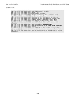 Joel Barrios Dueñas Implementación de Servidores con GNU/Linux
continuación:
Aug 17 17:15:15 linux named[30618]: starting BIND 9.2.2 -u named
Aug 17 17:15:15 linux named[30618]: using 1 CPU
Aug 17 17:15:15 linux named: Iniciación de named succeeded
Aug 17 17:15:15 linux named[30622]: loading configuration from '/etc/named.conf'
Aug 17 17:15:15 linux named[30622]: no IPv6 interfaces found
Aug 17 17:15:15 linux named[30622]: listening on IPv4 interface lo, 127.0.0.1#53
Aug 17 17:15:15 linux named[30622]: listening on IPv4 interface eth0, 192.168.1.1#53
Aug 17 17:15:15 linux named[30622]: command channel listening on 127.0.0.1#953
Aug 17 17:15:16 linux named[30622]: zone 0.0.127.in-addr.arpa/IN: loaded serial 3
Aug 17 17:15:16 linux named[30622]: zone 1.168.192.in-addr.arpa/IN: loaded serial
2006031602
Aug 17 17:15:16 linux named[30622]: zone localhost/IN: loaded serial 1
Aug 17 17:15:16 linux named[30622]: zone mi-dominio.com.mx/IN: loaded serial 2006031602
Aug 17 17:15:16 linux named[30622]: running
Aug 17 17:15:16 linux named[30622]: zone 1.168.192.in-addr.arpa/IN: sending notifies
(serial 2006031602)
Aug 17 17:15:16 linux named[30622]: zone mi-dominio.com.mx/IN: sending notifies (serial
2006031602)
329
 
