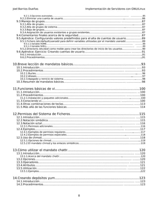 Joel Barrios Dueñas Implementación de Servidores con GNU/Linux
9.2.1.3.Opciones avanzadas..................................................................................................................... .................85
9.2.2.Eliminar una cuenta de usuario.............................................................................................................86
9.3.Manejo de grupos............................................................................................. ........................87
9.3.1.Alta de grupos........................................................................................................................................87
9.3.2.Alta de grupos de sistema.....................................................................................................................87
9.3.3.Baja de grupos.......................................................................................................................................87
9.3.4.Asignación de usuarios existentes a grupos existentes........................................................................87
9.4.Comentarios finales acerca de la seguridad............................................................................ .87
9.5.Apéndice: Configurando valores predefinidos para el alta de cuentas de usuario...................89
9.5.1.Fichero /etc/default/useradd para definir variables utilizadas por el mandato useradd.......................89
9.5.1.1.Variable HOME.................................................................................................................................... ...........89
9.5.1.2.Variable SHELL...................................................................................................................................... .........89
9.5.2.Directorio /etc/skel como molde para crear los directorios de inicio de los usuarios...........................90
9.6.Apéndice: Ejercicio: Creando cuentas de usuario......................................................... ............91
9.6.1.Introducción............................................................................................................................................91
9.6.2.Procedimientos.......................................................................................................................................91
10.Breve lección de mandatos básicos.....................................................................93
10.1.Introducción...................................................................................................................... ......93
10.2.Procedimientos................................................................................................... ....................93
10.2.1.Bucles...................................................................................................................................................96
10.2.2.Aliases..................................................................................................................................................97
10.2.3.Apagado y reinicio de sistema.............................................................................................................98
10.3.Resumen de mandatos básicos............................................................................ ..................98
11.Funciones básicas de vi......................................................................................100
11.1.Introducción....................................................................................................................... ...100
11.2.Procedimientos..................................................................................................... ................100
11.2.1.Instalación y paquetes adicionales....................................................................................................100
11.3.Conociendo vi................................................................................................. ......................100
11.4.Otras combinaciones de teclas...................................................................................... .......113
11.5.Más allá de las funciones básicas......................................................................................... 114
12.Permisos del Sistema de Ficheros......................................................................115
12.1.Introducción..................................................................................................................... .....115
12.2.Notación simbólica..................................................................................... ..........................115
12.3.Notación octal.................................................................................................................. .....116
12.3.1.Permisos adicionales.........................................................................................................................116
12.4.Ejemplos............................................................................................................. ..................117
12.4.1.Ejemplos de permisos regulares........................................................................................................117
12.4.2.Ejemplos de permisos especiales......................................................................................................118
12.5.Uso de chmod........................................................................................................... ............118
12.5.1.Opciones de chmod............................................................................................................................119
12.5.2.El mandato chmod y los enlaces simbólicos.....................................................................................119
13.Cómo utilizar el mandato chattr.........................................................................120
13.1.Introducción.................................................................................................................... ......120
13.1.1.Acerca del mandato chattr................................................................................................................120
13.2.Opciones...................................................................................................................... .........120
13.3.Operadores............................................................................................................... ............121
13.4.Atributos................................................................................................................. ..............121
13.5.Utilización.............................................................................................................. ...............122
13.5.1.Ejemplos.............................................................................................................................................122
14.Creando depósitos yum......................................................................................123
14.1.Introducción.................................................................................................................... ......123
14.2.Procedimientos.................................................................................................. ...................123
8
 