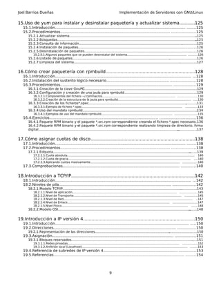 Joel Barrios Dueñas Implementación de Servidores con GNU/Linux
15.Uso de yum para instalar y desinstalar paquetería y actualizar sistema...........125
15.1.Introducción.................................................................................................................. ........125
15.2.Procedimientos................................................................................................ .....................125
15.2.1.Actualizar sistema..............................................................................................................................125
15.2.2.Búsquedas..........................................................................................................................................125
15.2.3.Consulta de información....................................................................................................................125
15.2.4.Instalación de paquetes.....................................................................................................................126
15.2.5.Desinstalación de paquetes...............................................................................................................126
15.2.5.1.Algunos paquetes que se pueden desinstalar del sistema................................................................. ..........126
15.2.6.Listado de paquetes..........................................................................................................................126
15.2.7.Limpieza del sistema.........................................................................................................................127
16.Cómo crear paquetería con rpmbuild.................................................................128
16.1.Introducción....................................................................................................................... ...128
16.2.Instalación del sustento lógico necesario....................................................... ......................128
16.3.Procedimientos.................................................................................................. ...................129
16.3.1.Creación de la clave GnuPG...............................................................................................................129
16.3.2.Configuración y creación de una jaula para rpmbuild.......................................................................129
16.3.2.1.Componentes del fichero ~/.rpmmacros................................................................................ .....................130
16.3.2.2.Creación de la estructura de la jaula para rpmbuild................................................................................ .....130
16.3.3.Creación de los ficheros*.spec...........................................................................................................131
16.3.3.1.Ejemplo de fichero *.spec.............................................................................................................. .............133
16.3.4.Uso del mandato rpmbuild.................................................................................................................134
16.3.4.1.Ejemplos de uso del mandato rpmbuild.............................................................................. ........................135
16.4.Ejercicios............................................................................................... ...............................136
16.4.1.Paquete RPM binario y el paquete *.src.rpm correspondiente creando el fichero *.spec necesario.136
16.4.2.Paquete RPM binario y el paquete *.src.rpm correspondiente realizando limpieza de directorio, firma
digital............................................................................................................................................................137
17.Cómo asignar cuotas de disco............................................................................138
17.1.Introducción.................................................................................................................. ........138
17.2.Procedimientos................................................................................................ .....................138
17.2.1.Edquota..............................................................................................................................................139
17.2.1.1.Cuota absoluta........................................................................................................................................... 140
17.2.1.2.Cuota de gracia...................................................................................................................................... ....140
17.2.1.3.Aplicando cuotas masivamente.................................................................................................. ................140
17.3.Comprobaciones...................................................................................................... .............140
18.Introducción a TCP/IP..........................................................................................142
18.1.Introducción....................................................................................................................... ...142
18.2.Niveles de pila.................................................................................................. ....................142
18.2.1.Modelo TCP/IP....................................................................................................................................143
18.2.1.1.Nivel de aplicación.................................................................................................................. ...................145
18.2.1.2.Nivel de Transporte...................................................................................................................... ..............145
18.2.1.3.Nivel de Red............................................................................................................................................. ..147
18.2.1.4.Nivel de Enlace................................................................................................................ ..........................147
18.2.1.5.Nivel Físico.......................................................................................................................................... .......148
18.2.2.Modelo OSI.........................................................................................................................................148
19.Introducción a IP versión 4.................................................................................150
19.1.Introducción..................................................................................................................... .....150
19.2.Direcciones........................................................................................................... ................150
19.2.1.Representación de las direcciones....................................................................................................150
19.3.Asignación.......................................................................................................... ..................151
19.3.1.Bloques reservados............................................................................................................................151
19.3.1.1.Redes privadas.......................................................................................................................... ................152
19.3.1.2.Anfitrión local (Localhost)................................................................................................................... ........153
19.4.Referencia de subredes de IP versión 4................................................................. ...............153
19.5.Referencias.................................................................................................................. .........154
9
 