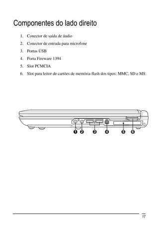 Componentes do lado direito
  1. Conector de saída de áudio
  2. Conector de entrada para microfone
  3. Portas USB
  4. Porta Fireware 1394
  5. Slot PCMCIA
  6. Slot para leitor de cartões de memória flash dos tipos: MMC, SD e MS




                                                                       17
 
