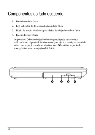 Componentes do lado esquerdo
     1. Baia da unidade ótica
     2. Led indicador da de atividade da unidade ótica
     3. Botão de ejeção eletrônica para abrir a bandeja da unidade ótica
     4. Ejeção de emergência
       Importante! O botão de ejeção de emergência pode ser acionado
       utilizando um clipe desdobrado e serve para ejetar a bandeja da unidade
       ótica caso a ejeção eletrônica não funcione. Não utilize a ejeção de
       emergência em vez da ejeção eletrônica.




18
 