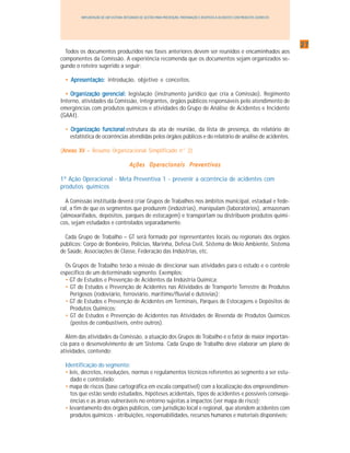2727272727
IMPLANTAÇÃO DE UM SISTEMA INTEGRADO DE GESTÃO PARA PREVENÇÃO, PREPARAÇÃO E RESPOSTA A ACIDENTES COM PRODUTOS QUÍMICOS
Todos os documentos produzidos nas fases anteriores devem ser reunidos e encaminhados aos
componentes da Comissão. A experiência recomenda que os documentos sejam organizados se-
gundo o roteiro sugerido a seguir:
••••• Apresentação:Apresentação:Apresentação:Apresentação:Apresentação: introdução, objetivo e conceitos.
••••• Organização gerencial:Organização gerencial:Organização gerencial:Organização gerencial:Organização gerencial: legislação (instrumento jurídico que cria a Comissão), Regimento
Interno, atividades da Comissão, integrantes, órgãos públicos responsáveis pelo atendimento de
emergências com produtos químicos e atividades do Grupo de Análise de Acidentes e Incidente
(GAAI).
• OrOrOrOrOrganização funcional:ganização funcional:ganização funcional:ganização funcional:ganização funcional:estrutura da ata de reunião, da lista de presença, do relatório de
estatística de ocorrências atendidas pelos órgãos públicos e do relatório de análise de acidentes.
(Anexo XVAnexo XVAnexo XVAnexo XVAnexo XV – Resumo Organizacional Simplificado n° 2)
Ações Operacionais PreventivasAções Operacionais PreventivasAções Operacionais PreventivasAções Operacionais PreventivasAções Operacionais Preventivas
1ª Ação Operacional - Meta Preventiva 1 - prevenir a ocorrência de acidentes com
produtos químicos
A Comissão instituída deverá criar Grupos de Trabalhos nos âmbitos municipal, estadual e fede-
ral, a fim de que os segmentos que produzem (indústrias), manipulam (laboratórios), armazenam
(almoxarifados, depósitos, parques de estocagem) e transportam ou distribuem produtos quími-
cos, sejam estudados e controlados separadamente.
Cada Grupo de Trabalho – GT será formado por representantes locais ou regionais dos órgãos
públicos: Corpo de Bombeiro, Polícias, Marinha, Defesa Civil, Sistema de Meio Ambiente, Sistema
de Saúde, Associações de Classe, Federação das Indústrias, etc.
Os Grupos de Trabalho terão a missão de direcionar suas atividades para o estudo e o controle
específico de um determinado segmento. Exemplos:
• GT de Estudos e Prevenção de Acidentes da Indústria Química;
• GT de Estudos e Prevenção de Acidentes nas Atividades de Transporte Terrestre de Produtos
Perigosos (rodoviário, ferroviário, marítimo/fluvial e dutovias);
• GT de Estudos e Prevenção de Acidentes em Terminais, Parques de Estocagens e Depósitos de
Produtos Químicos;
• GT de Estudos e Prevenção de Acidentes nas Atividades de Revenda de Produtos Químicos
(postos de combustíveis, entre outros).
Além das atividades da Comissão, a atuação dos Grupos de Trabalho é o fator de maior importân-
cia para o desenvolvimento de um Sistema. Cada Grupo de Trabalho deve elaborar um plano de
atividades, contendo:
Identificação do segmento:
• leis, decretos, resoluções, normas e regulamentos técnicos referentes ao segmento a ser estu-
dado e controlado;
• mapa de riscos (base cartográfica em escala compatível) com a localização dos empreendimen-
tos que estão sendo estudados, hipóteses acidentais, tipos de acidentes e possíveis conseqü-
ências e as áreas vulneráveis no entorno sujeitas a impactos (ver mapa de risco);
• levantamento dos órgãos públicos, com jurisdição local e regional, que atendem acidentes com
produtos químicos - atribuições, responsabilidades, recursos humanos e materiais disponíveis;
 
