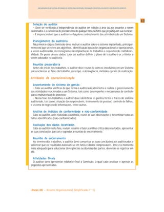 4343434343
IMPLANTAÇÃO DE UM SISTEMA INTEGRADO DE GESTÃO PARA PREVENÇÃO, PREPARAÇÃO E RESPOSTA A ACIDENTES COM PRODUTOS QUÍMICOS
Seleção do auditorSeleção do auditorSeleção do auditorSeleção do auditorSeleção do auditor
• Deve ser verificada a independência do auditor em relação à área ou aos assuntos a serem
examinados e a existência de preconceitos de qualquer tipo ou fatos que prejudiquem sua isenção;
• É imprescindível que o auditor tenha pleno conhecimento das atividades de um Sistema.
Planejamento da auditoriaPlanejamento da auditoriaPlanejamento da auditoriaPlanejamento da auditoriaPlanejamento da auditoria
Na primeira etapa a Comissão deve instruir o auditor sobre o sistema implantado, principal-
mente no que se refere aos objetivos, identificação das ações organizacionais e operacionais
a serem auditoradas, os cronogramas de implantação de trabalhos e requisitos de confidenci-
alidade. De posse desses dados, cabe ao auditor definir o plano de trabalho e os critérios a
serem adotados na auditoria.
Reunião preparatóriaReunião preparatóriaReunião preparatóriaReunião preparatóriaReunião preparatória
Antes do início dos trabalhos, o auditor deve reunir-se com os envolvidos em um Sistema
para esclarecer as fases do trabalho, o escopo, a abrangência, métodos e prazo de realização.
Atividades de operacionalizaçãoAtividades de operacionalizaçãoAtividades de operacionalizaçãoAtividades de operacionalizaçãoAtividades de operacionalização
Levantamento do sistema de gestãoLevantamento do sistema de gestãoLevantamento do sistema de gestãoLevantamento do sistema de gestãoLevantamento do sistema de gestão
• Cabe ao auditor verificar de que forma o auditorado administra e realiza o gerenciamento
das atividades relacionadas a um Sistema, tais como desempenho e mecanismos de controle
para a manutenção do processo;
• Nessa fase dos trabalhos o auditor deve identificar os pontos fortes e fracos do sistema
auditorado, tais como, atuação dos responsáveis, treinamento de pessoal, controle de falhas,
e sistema de registro de informações, entre outros.
Análise de indícios de conformidade e não-conformidadeAnálise de indícios de conformidade e não-conformidadeAnálise de indícios de conformidade e não-conformidadeAnálise de indícios de conformidade e não-conformidadeAnálise de indícios de conformidade e não-conformidade
Cabe ao auditor, após realizada a auditoria, reunir as suas observações e determinar todas as
falhas identificadas (não-conformidades).
Avaliação dos dados levantadosAvaliação dos dados levantadosAvaliação dos dados levantadosAvaliação dos dados levantadosAvaliação dos dados levantados
Cabe ao auditor nesta fase, revisar, resumir e fazer a análise critica dos resultados, apresentar
as suas conclusões parciais e agendar a reunião de encerramento.
Reunião de encerramentoReunião de encerramentoReunião de encerramentoReunião de encerramentoReunião de encerramento
Ao término dos trabalhos, o auditor deve comunicar as suas conclusões aos auditorados e
salientar que os resultados baseiam-se em fatos e dados comprováveis. Este é o momento
mais adequado para solucionar divergências ou dúvidas das partes, devendo-se registrar em
ata.
Atividades finaisAtividades finaisAtividades finaisAtividades finaisAtividades finais
O auditor deve apresentar relatório final à Comissão, à qual cabe analisar e aprovar as
propostas apresentadas.
Anexo XXIAnexo XXIAnexo XXIAnexo XXIAnexo XXI – Resumo Organizacional Simplificado n° 5)
 