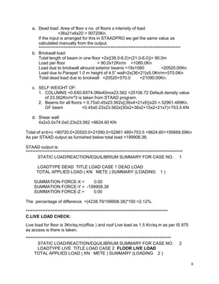 6
a. Dead load: Area of floor x no. of floors x intensity of load
=36x21x6x20 = 90720Kn.
If the input is arranged for this in STAADPRO we get the same value as
calculated manually from the output.
*************************************************************************************
b. Brickwall load:
Total length of beam in one floor =2x{(36.0-6.0)+(21.0-6.0)}= 90.0m
Load per floor = 90.0x12Kn/m =1080.0Kn
Load due to brickwall alround exterior beams =19x1080 =20520.00Kn
Load due to Parapet 1.0 m height of 4.5” wall=2x{36+21}x5.0Kn/m=570.0Kn
Total dead load due to brickwall =20520+570.0 =21090.00Kn.
c. SELF WEIGHT OF:
1. COLUMNS =0.6X0.6X74.0Mx40nox23.562 =25106.72 Default density value
of 23.562Kn/m^3 is taken from STAAD program.
2. Beams for all floors = 0.75x0.45x23.562x{(36x4+21x9)}x20 =.52961.489Kn.
GF beam =0.45x0.23x23.562x{30x2+36x2+15x2+21x7)=753.5 KN
d. Shear wall:
4x2x3.0x74.0x0.23x23.562 =9624.60 KN
Total of a+b+c =90720.0+20520.0+21090.0+52961.489+753.5 +9624.60=195669.59Kn
As per STAAD output as furnished below total load =199908.38.
STAAD output is:
**********************************************************************************************
STATIC LOAD/REACTION/EQUILIBRIUM SUMMARY FOR CASE NO. 1
LOADTYPE DEAD TITLE LOAD CASE 1 DEAD LOAD
TOTAL APPLIED LOAD ( KN METE ) SUMMARY (LOADING 1 )
SUMMATION FORCE-X = 0.00
SUMMATION FORCE-Y = -199908.38
SUMMATION FORCE-Z = 0.00
The percentage of difference =(4238.79/199908.38)*100 =2.12%.
*************************************************************************************
C.LIVE LOAD CHECK:
Live load for floor is 3Kn/sq.m(office ) and roof Live load as 1.5 Kn/sq.m as per IS 875
as access is there is taken.
***************************************************************************************
STATIC LOAD/REACTION/EQUILIBRIUM SUMMARY FOR CASE NO. 2
LOADTYPE LIVE TITLE LOAD CASE 2 FLOOR LIVE LOAD
TOTAL APPLIED LOAD ( KN METE ) SUMMARY (LOADING 2 )
 