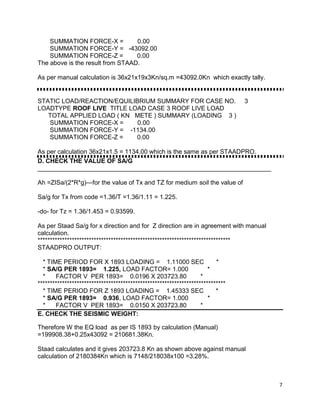 7
SUMMATION FORCE-X = 0.00
SUMMATION FORCE-Y = -43092.00
SUMMATION FORCE-Z = 0.00
The above is the result from STAAD.
As per manual calculation is 36x21x19x3Kn/sq.m =43092.0Kn which exactly tally.
STATIC LOAD/REACTION/EQUILIBRIUM SUMMARY FOR CASE NO. 3
LOADTYPE ROOF LIVE TITLE LOAD CASE 3 ROOF LIVE LOAD
TOTAL APPLIED LOAD ( KN METE ) SUMMARY (LOADING 3 )
SUMMATION FORCE-X = 0.00
SUMMATION FORCE-Y = -1134.00
SUMMATION FORCE-Z = 0.00
As per calculation 36x21x1.5 = 1134.00 which is the same as per STAADPRO.
D. CHECK THE VALUE OF SA/G
___________________________________________________________________
Ah =ZISa/(2*R*g)—for the value of Tx and TZ for medium soil the value of
Sa/g for Tx from code =1.36/T =1.36/1.11 = 1.225.
-do- for Tz = 1.36/1.453 = 0.93599.
As per Staad Sa/g for x direction and for Z direction are in agreement with manual
calculation.
*******************************************************************************
STAADPRO OUTPUT:
* TIME PERIOD FOR X 1893 LOADING = 1.11000 SEC *
* SA/G PER 1893= 1.225, LOAD FACTOR= 1.000 *
* FACTOR V PER 1893= 0.0196 X 203723.80 *
*****************************************************************************
* TIME PERIOD FOR Z 1893 LOADING = 1.45333 SEC *
* SA/G PER 1893= 0.936, LOAD FACTOR= 1.000 *
* FACTOR V PER 1893= 0.0150 X 203723.80 *
E. CHECK THE SEISMIC WEIGHT:
Therefore W the EQ load as per IS 1893 by calculation (Manual)
=199908.38+0.25x43092 = 210681.38Kn.
Staad calculates and it gives 203723.8 Kn as shown above against manual
calculation of 2180384Kn which is 7148/218038x100 =3.28%.
 