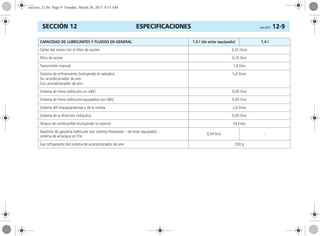 ESPECIFICACIONES Corsa, 01/13 12-9SECCIÓN 12
CAPACIDAD DE LUBRICANTES Y FLUIDOS EN GENERAL 1,0 l (de estar equipado) 1,4 l
Cárter del motor (sin el filtro de aceite) 3,25 litros
Filtro de aceite 0,25 litro
Transmisión manual 1,6 litro
Sistema de enfriamiento (incluyendo el radiador)
Sin acondicionador de aire
Con acondicionador de aire
5,8 litros
Sistema de freno (vehículos sin ABS) 0,45 litro
Sistema de freno (vehículos equipados con ABS) 0,65 litro
Sistema del limpiaparabrisas y de la luneta 2,6 litros
Sistema de la dirección hidráulica 0,95 litro
Tanque de combustible (incluyendo la reserva) 54 litros
Depósito de gasolina (vehículos con sistema Flexpower – de estar equipado) –
sistema de arranque en frío
0,54 litro –
Gas refrigerante del sistema de acondicionador de aire 330 g
seccion_12.fm Page 9 Tuesday, March 26, 2013 8:51 AM
 