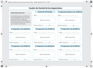 Cuadro de Control de las Inspecciones
1ª Inspección Especial a los 10.000 km
Fecha: ............... / ............... / ...............
Sello Concesionario
Orden de Servicio: ............... km: .............
2ª Inspección a los 20.000 km
Fecha: ............... / ............... / ...............
Sello Concesionario
Orden de Servicio: ............... km: .............
3ª Inspección a los 30.000 km
Fecha: ............... / ............... / ...............
Sello Concesionario
Orden de Servicio: ............... km: .............
4ª Inspección a los 40.000 km
Fecha: ............... / ............... / ...............
Sello Concesionario
Orden de Servicio: ............... km: .............
5ª Inspección a los 50.000 km
Fecha: ............... / ............... / ...............
Sello Concesionario
Orden de Servicio: ............... km: .............
6ª Inspección a los 60.000 km
Fecha: ............... / ............... / ...............
Sello Concesionario
Orden de Servicio: ............... km: .............
7ª Inspección a los 70.000 km
Fecha: ............... / ............... / ...............
Sello Concesionario
Orden de Servicio: ............... km: .............
Instrucciones para uso
La concesionaria que va a efectuar el
servicio debe sellar y firmar el cuadro
correspondiente a la inspección
efectuada, indicando el kilometraje, el
nº de la Orden de Servicio y la fecha en
que el servicio fue efectuado.
Inspección de Entrega
Fecha: ............... / ............... / ...............
Sello Concesionario
Orden de Servicio: ............... km: .............
quadro de controle das revisoes e troca de oleo.fm Page 1 Monday, March 25, 2013 5:37 PM
 