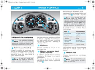 MANDOS Y CONTROLES Corsa, 01/13 6-1SECCIÓN 6
Tablero de instrumentos
Señala la cantidad de revoluciones por
minuto del motor. Para efectuar la lectura,
multiplique por 1.000 el valor señalado. El
área de la escala color blanco señala la
gama de trabajo normal.
Para una conducción económica conduzca
el vehículo, si es posible, en cada marcha a
una baja revolución del motor (entre cerca
de 2.000 y 3.000 rpm) y mantenga la
velocidad uniforme.
Señala la velocidad del vehículo en kiló-
metros por hora.
El odómetro parcial señala la distancia
recorrida por el vehículo, en un determi-
nado trayecto.
Para alternar las funciones de odómetro
parcial y reloj digital, presione brevemente
el botón .
Para poner a cero el odómetro parcial:
Para volver a cero el odómetro parcial pre-
sione el botón por cerca de 2 segundos.
El ajuste de las horas y minutos es efectua-
do como sigue:
Para concluir el modo de ajuste, presione el
botón por un intervalo superior a 2 se-
gundos.
Señala en total de kilómetros recorridos por
el vehículo.
Las características exterio-
res y/o equipamiento del
tablero de instrumentos puede variar
dependiendo del modelo de vehículo.
Tacómetro (cuentavueltas)
El área de la escala color
rojo señala la revolución
crítica, que podría dañar el motor.
Velocímetro
Odómetro parcial/reloj digital
(de estar equipado)
Una semana antes del
límite de tiempo para
inspección ó cada 10.000 km recorridos,
cuando el encendido fuese conectado, va
a ser exhibido el mensaje “InSP” en la
pantalla del odómetro (vea “Sistema de
aviso de inspección”, en la Sección 13).
Botón Funcionamiento
Presione más de
2 segundos
Los digitos de horas
parpadean
Presione menos de
2 segundos
El número
avanza
Presione más de
2 segundos
Los digitos de
minutos parpadean
Presione menos de
2 segundos
El número avanza
Odómetro total
El odómetro total es alum-
brado cuando se abre la
puerta del conductor.
seccion_06.fm Page 1 Tuesday, March 26, 2013 8:46 AM
 