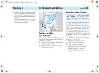 EN CASO DE EMERGENCIA Corsa, 01/13 9-15SECCIÓN 9
6. Arranque el motor del vehículo con la
batería descargada. En caso de que el
motor no opere luego de algunas ten-
tativas, probablemente será necesario
repararlo.
7. Cuando fuese a desconectar los cables,
proceda en la secuencia exactamente
opuesta a la de conexión.
Fusibles y reles
Caja de fusibles
La caja de fusibles está ubicada a la
izquierda de la columna de dirección y está
protegida por una tapa.
• Quite la tapa tirándola y desencaján-
dola de su alojamiento.
• Instale la tapa nuevamente presionán-
dola hasta que encaje.
Reemplazo de los fusibles
Se puede identificar visualmente un fusible
quemado por el filamento interior roto.
Se debe reemplazar el fusible por otro origi-
nal de la misma capacidad y solamente des-
pués de descubrir y corregir la causa de la
quema (sobrecarga, cortocircuito, etc.).
Es recomendable la obtención de un con-
junto completo de fusibles de repuesto que
se pueden adquirir en un Concesionario
Chevrolet.
La capacidad de los fusibles está relacio-
nada con el color, a saber:
• Marrón: fusible de 5 amperes.
• Rojo: fusible de 10 amperes.
• Azul: fusible de 15 amperes.
• Amarillo: fusible de 20 amperes.
• Beige: fusible de 25 amperes.
• Verde: fusible de 30 amperes.
Antes de reemplazar
un fusible, desco-
necte el interruptor del respectivo cir-
cuito.
Peligro
seccion_09.fm Page 15 Tuesday, March 26, 2013 8:49 AM
 