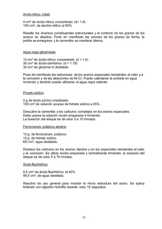 15
Acido nítrico (nital)
4 cm³ de ácido nítrico concentrado (d= 1,4)
100 cm³, de alcohol etílico al 95%
Resalta los diversos constituyentes estructurales y el contorno de los granos de los
aceros no aleados. Pone en manifiesto las uniones de los granos de ferrita, la
perlita se ennegrece y la cementita se mantiene blanca.
Agua regia glicerinada
10 cm³ de ácido nítrico concentrado (d = 1,4)
30 cm³ de ácido clorhídrico (d = 1,19)
30 cm³ de glicerina bi destilada
Pone de manifiesto las estructuras de los aceros especiales resistentes al calor y a
la corrosión y de las aleaciones de Ni-Cr. Puede calentarse la probeta en agua
hirviendo y también puede utilizarse el agua regia caliente.
Picrato sódico
2 g de ácido pícrico cristalizado
100 cm³ de solución acuosa de hidrato sódico a 25%
Descubre la cementita y los carburos complejos en los aceros especiales.
Debe usarse la solución recién preparada e hirviendo.
La duración del ataque es de unos 5 a 10 minutos.
Ferrocianuro potásico alcalino
10 g. de ferrocianuro potásico
10 g. de hidrato sódico
l00 cm³, agua destilada.
Destaca los carburos en los aceros rápidos y en los especiales resistentes al calor
y la corrosión. Se utiliza recién preparada y normalmente hirviendo, la duración del
ataque es de unos 5 a 10 minutos.
Ácido fluorhídrico
0,5 cm³ de ácido fluorhídrico al 40%
99,5 cm³, de agua destilada.
Reactivo de uso general para mostrar la micro estructura del acero. Se aplica
frotando con algodón hidrófilo durante unos 15 segundos.
 