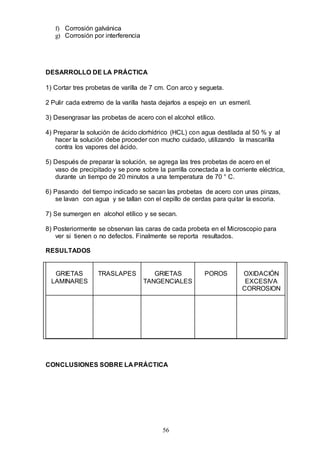 56
f) Corrosión galvánica
g) Corrosión por interferencia
DESARROLLO DE LA PRÁCTICA
1) Cortar tres probetas de varilla de 7 cm. Con arco y segueta.
2 Pulir cada extremo de la varilla hasta dejarlos a espejo en un esmeril.
3) Desengrasar las probetas de acero con el alcohol etílico.
4) Preparar la solución de ácido clorhídrico (HCL) con agua destilada al 50 % y al
hacer la solución debe proceder con mucho cuidado, utilizando la mascarilla
contra los vapores del ácido.
5) Después de preparar la solución, se agrega las tres probetas de acero en el
vaso de precipitado y se pone sobre la parrilla conectada a la corriente eléctrica,
durante un tiempo de 20 minutos a una temperatura de 70 ° C.
6) Pasando del tiempo indicado se sacan las probetas de acero con unas pinzas,
se lavan con agua y se tallan con el cepillo de cerdas para quitar la escoria.
7) Se sumergen en alcohol etílico y se secan.
8) Posteriormente se observan las caras de cada probeta en el Microscopio para
ver si tienen o no defectos. Finalmente se reporta resultados.
RESULTADOS
GRIETAS
LAMINARES
TRASLAPES GRIETAS
TANGENCIALES
POROS OXIDACIÓN
EXCESIVA
CORROSION
CONCLUSIONES SOBRE LA PRÁCTICA
 