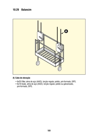 101
10.29	 Balancim
A)	Cabo de elevação
•	6x25 Filler, alma de aço (AACI), torção regular, polido, pré-formado, EIPS.
•	6x19 Seale, alma de aço (AACI), torção regular, polido ou galvanizado,
pré-formado, EIPS.
A
 