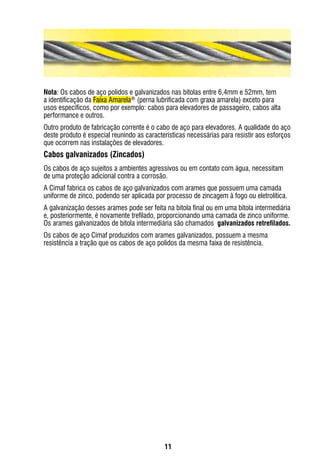 11
Nota: Os cabos de aço polidos e galvanizados nas bitolas entre 6,4mm e 52mm, tem
a identificação da Faixa Amarela® (perna lubrificada com graxa amarela) exceto para
usos específicos, como por exemplo: cabos para elevadores de passageiro, cabos alta
performance e outros.
Outro produto de fabricação corrente é o cabo de aço para elevadores. A qualidade do aço
deste produto é especial reunindo as características necessárias para resistir aos esforços
que ocorrem nas instalações de elevadores.
Cabos galvanizados (Zincados)
Os cabos de aço sujeitos a ambientes agressivos ou em contato com água, necessitam
de uma proteção adicional contra a corrosão.
A Cimaf fabrica os cabos de aço galvanizados com arames que possuem uma camada
uniforme de zinco, podendo ser aplicada por processo de zincagem à fogo ou eletrolítica.
A galvanização desses arames pode ser feita na bitola final ou em uma bitola intermediária
e, posteriormente, é novamente trefilado, proporcionando uma camada de zinco uniforme.
Os arames galvanizados de bitola intermediária são chamados galvanizados retrefilados.
Os cabos de aço Cimaf produzidos com arames galvanizados, possuem a mesma
resistência a tração que os cabos de aço polidos da mesma faixa de resistência.
 