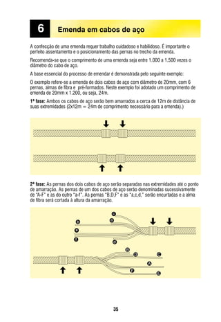 35
A confecção de uma emenda requer trabalho cuidadoso e habilidoso. É importante o
perfeito assentamento e o posicionamento das pernas no trecho da emenda.
Recomenda-se que o comprimento de uma emenda seja entre 1.000 a 1.500 vezes o
diâmetro do cabo de aço.
A base essencial do processo de emendar é demonstrada pelo seguinte exemplo:
O exemplo refere-se a emenda de dois cabos de aço com diâmetro de 20mm, com 6
pernas, almas de fibra e pré-formados. Neste exemplo foi adotado um comprimento de
emenda de 20mm x 1.200, ou seja, 24m.
1ª fase: Ambos os cabos de aço serão bem amarrados a cerca de 12m de distância de
suas extremidades (2x12m = 24m de comprimento necessário para a emenda).)
2ª fase: As pernas dos dois cabos de aço serão separadas nas extremidades até o ponto
de amarração. As pernas de um dos cabos de aço serão denominadas sucessivamente
de “A-F” e as do outro “a-f”. As pernas “B,D,F” e as “a,c,d,” serão encurtadas e a alma
de fibra será cortada à altura da amarração.
C
B
A
D
F
E
c
b a
d
f
e
C
B
A
D
F
E
c
b a
d
f
e
6	 Emenda em cabos de aço
 