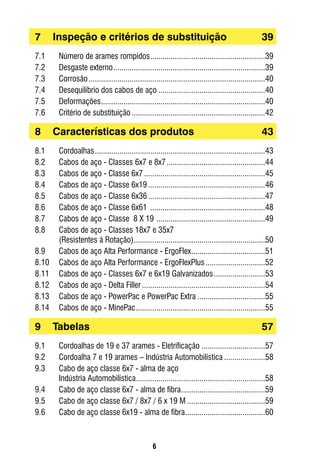 6
7	 Inspeção e critérios de substituição	 39
7.1	 Número de arames rompidos.........................................................39
7.2	 Desgaste externo...........................................................................39
7.3	 Corrosão.......................................................................................40
7.4	 Desequilíbrio dos cabos de aço.....................................................40
7.5	 Deformações.................................................................................40
7.6	 Critério de substituição..................................................................42
8	 Características dos produtos	 43
8.1	 Cordoalhas....................................................................................43
8.2	 Cabos de aço - Classes 6x7 e 8x7.................................................44
8.3	 Cabos de aço - Classe 6x7............................................................45
8.4	 Cabos de aço - Classe 6x19..........................................................46
8.5	 Cabos de aço - Classe 6x36..........................................................47
8.6	 Cabos de aço - Classe 6x61 .........................................................48
8.7	 Cabos de aço - Classe 8 X 19 ......................................................49
8.8	 Cabos de aço - Classes 18x7 e 35x7
	 (Resistentes à Rotação).................................................................50
8.9	 Cabos de aço Alta Performance - ErgoFlex.....................................51
8.10	 Cabos de aço Alta Performance - ErgoFlexPlus..............................52
8.11	 Cabos de aço - Classes 6x7 e 6x19 Galvanizados..........................53
8.12	 Cabos de aço - Delta Filler.............................................................54
8.13	 Cabos de aço - PowerPac e PowerPac Extra..................................55
8.14	 Cabos de aço - MinePac................................................................55
9	 Tabelas	 57
9.1	 Cordoalhas de 19 e 37 arames - Eletrificação................................57
9.2	 Cordoalha 7 e 19 arames – Indústria Automobilística.....................58
9.3	 Cabo de aço classe 6x7 - alma de aço
	 Indústria Automobilística................................................................58
9.4	 Cabo de aço classe 6x7 - alma de fibra..........................................59
9.5	 Cabo de aço classe 6x7 / 8x7 / 6 x 19 M.......................................59
9.6	 Cabo de aço classe 6x19 - alma de fibra........................................60
 