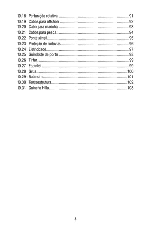 8
10.18	 Perfuração rotativa........................................................................91
10.19	 Cabos para offshore......................................................................92
10.20	 Cabo para marinha........................................................................93
10.21	 Cabos para pesca..........................................................................94
10.22	 Ponte pênsil...................................................................................95
10.23	 Proteção de rodovias.....................................................................96
10.24	 Eletricidade....................................................................................97
10.25	 Guindaste de porto........................................................................98
10.26	 Tirfor.............................................................................................99
10.27	 Espinhel........................................................................................99
10.28	 Grua............................................................................................100
10.29	 Balancim.....................................................................................101
10.30	 Tensoestrutura.............................................................................102
10.31	 Guincho Hillo...............................................................................103
 