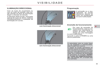 V
99
V I S I B I L I D A D E
ILUMINAÇÃO DIRECCIONAL
Com as luzes de cruzamento ou
com as luzes de estrada, esta fun-
ção permite ao feixe de iluminação
seguir a direcção da estrada.
A utilização desta função, associada
apenas às luzes de xénon, melhora
consideravelmente a qualidade da
iluminação em curvas.
com iluminação direccional
sem iluminação direccional
Programação
A activação ou a neu-
tralização da função
efectua-se através do
menu de configuração
do ecrã multifunções.
Anomalia de funcionamento
Em caso de anomalia de
funcionamento, esta luz avi-
sadora fica intermitente no
quadro de bordo, acompa-
nhada por uma mensagem
no ecrã multifunções.
Consulte a rede CITROËN ou uma
oficina qualificada.
A velocidade nula ou muito fraca
ou ao engrenar a marcha-atrás,
esta função fica inactiva.
O estado da função permanece na
memória quando se desliga a ignição.
Nos veículos equipados com luzes
diurnas, a função encontra-se acti-
vada, se o comando de iluminação
se encontrar na posição "AUTO"
ou "Luzes de cruzamento/estra-
da". Na posição "0", a função não
fica activada.
 