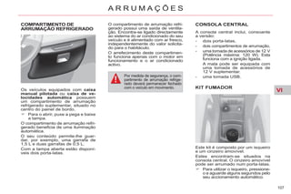 VI
107
A R R U M A Ç Õ E S
COMPARTIMENTO DE
ARRUMAÇÃO REFRIGERADO
CONSOLA CENTRAL
A consola central inclui, consoante
a versão:
- dois porta-latas,
- dois compartimentos de arrumação,
- uma tomada de acessórios de 12 V
(Potência máxima: 120 W). Esta
funciona com a ignição ligada.
A mala pode ser equipada com
uma tomada de acessórios de
12 V suplementar.
- uma tomada USB.
Por medida de segurança, o com-
partimento de arrumação refrige-
rado deverá permanecer fechado
com o veículo em movimento.
Este kit é composto por um isqueiro
e um cinzeiro amovível.
Estes encontram-se situados na
consola central. O cinzeiro amovível
pode ser arrumado num porta-latas.
Para utilizar o isqueiro, pressione-
o e aguarde alguns segundos pelo
seu accionamento automático.
Os veículos equipados com caixa
manual pilotada ou caixa de ve-
locidades automática possuem
um compartimento de arrumação
refrigerado suplementar, situado no
centro do painel de bordo.
Para o abrir, puxe a pega e baixe
a tampa.
O compartimento de arrumação refri-
gerado beneficia de uma iluminação
automática.
O seu conteúdo permite-lhe guar-
dar, por exemplo, uma garrafa de
1,5 L e duas garrafas de 0,5 L.
Com a tampa aberta estão disponí-
veis dois porta-latas.
O compartimento de arrumação refri-
gerado possui uma saída de ventila-
ção. Encontra-se ligado directamente
ao sistema do ar condicionado do seu
veículo e é alimentado com ar fresco,
independentemente do valor solicita-
do para o habitáculo.
O arrefecimento deste compartimen-
to funciona apenas com o motor em
funcionamento e o ar condicionado
activo.
 