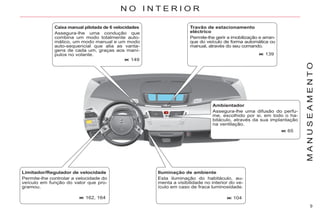 9
M
A
N
U
S
E
A
M
E
N
T
O
Caixa manual pilotada de 6 velocidades
Assegura-lhe uma condução que
combina um modo totalmente auto-
mático, um modo manual e um modo
auto-sequencial que alia as vanta-
gens de cada um, graças aos maní-
pulos no volante.
149
Limitador/Regulador de velocidade
Permite-lhe controlar a velocidade do
veículo em função do valor que pro-
gramou.
162, 164
Travão de estacionamento
eléctrico
Permite-lhe gerir a imobilização e arran-
que do veículo de forma automática ou
manual, através do seu comando.
139
Ambientador
Assegura-lhe uma difusão do perfu-
me, escolhido por si, em todo o ha-
bitáculo, através da sua implantação
na ventilação.
65
Iluminação de ambiente
Esta iluminação do habitáculo, au-
menta a visibilidade no interior do ve-
ículo em caso de fraca luminosidade.
104
N O I N T E R I O R
 