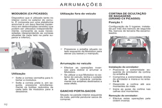 VI
112
A R R U M A Ç Õ E S
MODUBOX (C4 PICASSO)
Dispositivo que é utilizado tanto no
interior como no exterior do veícu-
lo. É composta por uma plataforma
amovível e um saco flexível (isotér-
mico em determinadas versões) que
podem ser utilizados independente-
mente, consoante as suas neces-
sidades (desprendendo as correias
situadas de cada lado na parte su-
perior e inferior).
Utilização
Solte a correia vermelha para li-
bertar a modubox.
Solte a correia preta e, em se-
guida, pressione simultanea-
mente os botões redondos de
cada lado da modubox para a
desdobrar.
Utilização fora do veículo
Arrumação no veículo
Efectue as operações inver-
sas para dobrar e arrumar a
Modubox.
Se utilizar a sua Modubox no ex-
terior do veículo, tenha o cuidado
de voltar a colocá-la correcta-
mente nos entalhes destinados a
esse efeito.
GANCHO PORTA-SACOS
CORTINA DE OCULTAÇÃO
DE BAGAGENS
(GRAND C4 PICASSO)
Posição 1
Configuração de 5 lugares; instala-
da por trás dos bancos de segunda
fila, bancos de terceira fila escamo-
teados.
Pressione o entalhe situado no
lado esquerdo da Modubox para
elevar (ou baixar) o manípulo.
Situado na parede interior esquerda
da mala, permite pendurar sacos de
compras.
Instalação do enrolador:
Posicione a extremidade es-
querda do enrolador da cortina
no entalhe A.
Comprima a extremidade direita
do enrolador e insira-a no enta-
lhe B.
Desenrole a cortina até aos
montantes da mala.
Insira as guias da cortina nas
calhas dos montantes.
Remoção do enrolador:
Efectue estas operações pela
ordem inversa.
 