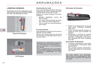 VI
116
A R R U M A Ç Õ E S
LÂMPADA NÓMADA
Iluminação amovível, integrada na pa-
rede da mala, para servir de iluminação
da mala e de lâmpada de bolso.
Grand C4 Picasso
C4 Picasso
Iluminação da mala
A luz da mala A acende-se automa-
ticamente ao abrir e apaga-se auto-
maticamente ao fechar a mala.
Dispõe de vários tempos de acen-
dimento:
- ignição desligada, cerca de
dez minutos,
- em modo de economia de ener-
gia, cerca de trinta segundos,
- com o motor em funcionamento,
sem limite.
Funcionamento
Esta lâmpada funciona com acumu-
ladores do tipo NiMH.
Possui uma autonomia de cerca de
45 minutos e recarrega assim que o
veículo rodar.
Retire-a do alojamento ao puxar
para cima, conforme indicado
pela seta.
Prima o interruptor B, situado na
parte de trás, para acender ou
apagar.
Desenrole o suporte C, situado
na parte de trás, para colocar ou
levantar a lâmpada; por exem-
plo, aquando de uma mudança
de roda.
Arrumação da lâmpada
Coloque a lâmpada no seu lugar
no alojamento começando pela
parte inferior.
Isto permite apagar automatica-
mente a lâmpada, se se esquecer
de o fazer.
Respeite as polaridades aquando
da colocação dos acumuladores.
Nunca substitua os acumuladores
por pilhas.
Para a substituição dos acumulado-
res, consulte o capítulo "Informações
práticas - § Substituição de uma
lâmpada".
Se esta estiver mal colocada,
pode não ser recarregada e não
se acender aquando da abertura
da mala.
Utilização da lâmpada
 