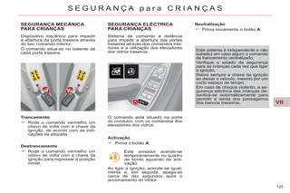 VII
125
S E G U R A N Ç A p a r a C R I A N Ç A S
SEGURANÇA MECÂNICA
PARA CRIANÇAS
Trancamento
Rode o comando vermelho um
oitavo de volta com a chave da
ignição, de acordo com as indi-
cações da etiqueta.
Destrancamento
Rode o comando vermelho um
oitavo de volta com a chave da
ignição para regressar à posição
inicial.
SEGURANÇA ELÉCTRICA
PARA CRIANÇAS
Dispositivo mecânico para impedir
a abertura da porta traseira através
do seu comando interior.
O comando situa-se no batente de
cada porta traseira.
Sistema de comando à distância
para impedir a abertura das portas
traseiras através dos comandos inte-
riores e a utilização dos elevadores
dos vidros traseiros.
Activação
Prima o botão A.
Neutralização
Prima novamente o botão A.
Este sistema é independente e não
substitui em caso algum o comando
de trancamento centralizado.
Verifique o estado da segurança
para as crianças cada vez que ligar
a ignição.
Retire sempre a chave da ignição
ao deixar o veículo, mesmo por um
curto espaço de tempo.
Em caso de choque violento, a se-
gurança eléctrica das crianças de-
sactiva-se automaticamente para
permitir a saída dos passageiros
dos bancos traseiros.
Este avisador acende-se
temporariamente no quadro
de bordo aquando da acti-
vação.
Ao ligar a ignição, acende-se igual-
mente e, em seguida, apaga-se
cerca de dez segundos após o
accionamento do motor.
O comando está situado na porta
do condutor, com os comandos dos
elevadores dos vidros.
 
