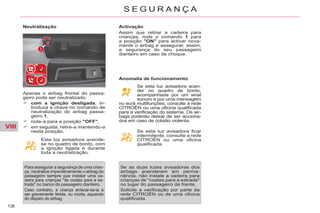 VIII
136
S E G U R A N Ç A
Neutralização
Esta luz avisadora acende-
se no quadro de bordo, com
a ignição ligada e durante
toda a neutralização.
Para assegurar a segurança de uma crian-
ça, neutralize imperativamente o airbag do
passageiro sempre que instalar uma ca-
deira para crianças "de costas para a es-
trada" no banco do passageiro dianteiro.
Caso contrário, a criança arriscar-se-ia a
ser gravemente ferida, ou morta, aquando
do disparo do airbag.
Activação
Assim que retirar a cadeira para
crianças, rode o comando 1 para
a posição "ON" para activar nova-
mente o airbag e assegurar, assim,
a segurança do seu passageiro
dianteiro em caso de choque.
Anomalia de funcionamento
Se esta luz avisadora acen-
der no quadro de bordo,
acompanhada por um sinal
sonoro e por uma mensagem
no ecrã multifunções, consulte a rede
CITROËN ou uma oficina qualificada
para a verificação do sistema. Os air-
bags poderão deixar de ser acciona-
dos em caso de colisão violenta.
Apenas o airbag frontal do passa-
geiro pode ser neutralizado:
com a ignição desligada, in-
troduza a chave no comando de
neutralização do airbag passa-
geiro 1,
rode-a para a posição "OFF",
em seguida, retire-a mantendo-a
nesta posição. Se esta luz avisadora ficar
intermitente, consulte a rede
CITROËN ou uma oficina
qualificada.
Se as duas luzes avisadoras dos
airbags acenderem em perma-
nência, não instale a cadeira para
crianças de "costas para a estrada"
no lugar do passageiro da frente.
Solicite a verificação por parte da
rede CITROËN ou de uma oficina
qualificada.
 