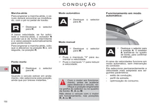 IX
150
C O N D U Ç Ã O
Modo automático
Desloque o selector
para A.
Modo manual
Puxe o manípulo "+" para au-
mentar a velocidade.
Puxe o manípulo "-" para reduzir
a velocidade.
Com o motor em funciona-
mento, antes de acelerar
para deslocar o veículo, ve-
rifique a posição engrenada
na grelha do selector ou no quadro
de bordo: R, A ou M.
Não deixe o veículo com o motor
em funcionamento, nas posições
R, A ou M.
Funcionamento em modo
automático:
Desloque o selector para
a posição A. O avisador
A acende-se no quadro
de bordo, para confirmar
a selecção.
Marcha-atrás
Para engrenar a marcha-atrás, o ve-
ículo deverá encontrar-se imobiliza-
do, com o pé no pedal de travão.
Desloque o selector
para R.
A baixa velocidade, se for solici-
tada a marcha-atrás, o avisador N
acender-se-á de forma intermitente
e a caixa passará automaticamente
para ponto-morto.
Para engrenar a marcha-atrás, colo-
que a alavanca na posição N e, em
seguida, na posição R.
Ponto morto
Desloque o selector
para N.
Quando o veículo estiver em anda-
mento, não seleccione esta posição,
ainda que por breves instantes.
Desloque o selector
para M.
A caixa de velocidades funciona em
modo automático, sem intervenção
do condutor.
Ela selecciona permanentemente a
velocidade mais adaptada aos se-
guintes parâmetros:
- estilo de condução,
- perfil da estrada,
- optimização do consumo.
 