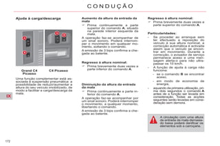 IX
172
C O N D U Ç Ã O
Ajuda à carga/descarga
Grand C4
Picasso
C4 Picasso
Uma função complementar está as-
sociada à suspensão pneumática: a
possibilidade de reduzir/aumentar a
altura do seu veículo imobilizado, de
modo a facilitar a carga/descarga da
mala.
Aumento da altura da entrada da
mala
Prima continuamente a parte
superior do comando A, situado
na parede interior esquerda da
mala.
A operação faz-se acompanhar de
um sinal sonoro. Poderá interrom-
per o movimento em qualquer mo-
mento, soltando o comando.
A emissão de 3 bips confirma a che-
gada ao batente.
Regresso à altura nominal:
Prima brevemente duas vezes a
parte inferior do comando A.
Diminuição da altura da entrada
da mala
Prima continuamente a parte in-
ferior do comando A.
A operação faz-se acompanhar por
um sinal sonoro. Poderá interromper
o movimento, a qualquer momento,
libertando o comando.
A emissão de 3 bips confirma a che-
gada ao batente.
Regresso à altura nominal:
Prima brevemente duas vezes a
parte superior do comando A.
A circulação com uma altura
de entrada da mala demasia-
do baixa poderá danificar os
elementos sob a carroçaria.
Particularidades:
- Se proceder ao arranque sem
ter efectuado a reposição do
veículo à sua altura nominal, a
correcção automática é activada
assim que o veículo se encon-
trar em movimento. Durante a
correcção, o avisador de serviço
permanece aceso e uma men-
sagem alerta-o para não ultra-
passar os 10 km/h.
- A função de ajuda à carga não
funciona:
- se o comando B se encontrar
aceso,
- em modo de economia de
energia,
- aquando da primeira utilização, pri-
ma dois segundos o comando A
antes de a função ser levada em
consideração. Todas as acções
seguintes serão levadas em consi-
deração sem demora.
 