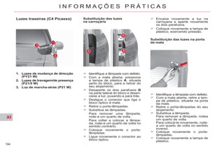 XI
194
I N F O R M A Ç Õ E S P R Á T I C A S
Luzes traseiras (C4 Picasso)
1. Luzes de mudança de direcção
(PY21 W)
2. Luzes de travagem/de presença
(P21/5 W)
3. Luz de marcha-atrás (P21 W)
Identifique a lâmpada com defeito.
Com a mala aberta, pressione
a tampa de plástico A, situada
perto do bloco, para a retirar do
seu alojamento.
Desaperte os dois parafusos B
na parte lateral do bloco e desen-
caixe a luz, puxando-a para trás.
Desligue o conector que liga o
bloco óptico à mala.
Retire o porta-lâmpadas.
Substitua as lâmpadas.
Para remover uma lâmpada,
rode-a um quarto de volta.
Para voltar a colocar a lâmpa-
da, rode-a um quarto de volta no
sentido contrário.
Coloque novamente o porta-
lâmpadas.
Ligue novamente o conector ao
bloco óptico.
Substituição das luzes
na carroçaria
Identifique a lâmpada com defeito.
Com a mala aberta, retire a tam-
pa de plástico, situada na porta
da mala.
Retire o porta-lâmpadas do seu
alojamento.
Substitua a lâmpada.
Para remover a lâmpada, rodea
um quarto de volta.
Para colocá-la novamente, rode-
a um quarto de volta no sentido
inverso.
Coloque novamente o porta-
lâmpadas.
Coloque novamente a tampa de
plástico.
Substituição das luzes na porta
da mala
Encaixe novamente a luz na
carroçaria e aperte novamente
os dois parafusos.
Coloque novamente a tampa de
plástico, exercendo pressão.
 