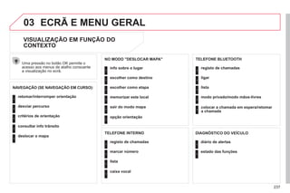 237
03 ECRÃ E MENU GERAL
VISUALIZAÇÃO EM FUNÇÃO DO
CONTEXTO
NAVEGAÇÃO (SE NAVEGAÇÃO EM CURSO):
Uma pressão no botão OK permite o
acesso aos menus de atalho consoante
a visualização no ecrã.
retomar/interromper orientação
1
1
1
1
desviar percurso
critérios de orientação
consultar info trânsito
1
deslocar o mapa
info sobre o lugar
1
1
1
1
escolher como destino
escolher como etapa
memorizar este local
1
sair do modo mapa
1
opção orientação
NO MODO "DESLOCAR MAPA"
registo de chamadas
1
1
1
1
marcar número
lista
caixa vocal
TELEFONE INTERNO
registo de chamadas
1
1
1
1
ligar
lista
modo privado/modo mãos-livres
1
colocar a chamada em espera/retomar
a chamada
TELEFONE BLUETOOTH
diário de alertas
1
1
estado das funções
DIAGNÓSTICO DO VEÍCULO
 