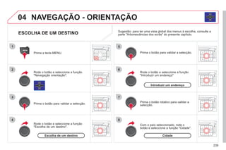 239
04
1
2
3
4
5
6
7
8
NAVEGAÇÃO - ORIENTAÇÃO
Prima a tecla MENU.
Rode o botão e seleccione a função
"Navegação orientação".
Prima o botão para validar a selecção.
Rode o botão e seleccione a função
"Escolha de um destino".
Com o país seleccionado, rode o
botão e seleccione a função "Cidade".
Prima o botão rotativo para validar a
selecção.
Rode o botão e seleccione a função
"Introduzir um endereço"
Prima o botão para validar a selecção.
Sugestão: para ter uma vista global dos menus à escolha, consulte a
parte "Arborescências dos ecrãs" do presente capítulo.
ESCOLHA DE UM DESTINO
Escolha de um destino Cidade
Introduzir um endereço
 