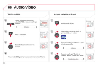 256
06
1
2
3
4
1
2
3
ÁUDIO/VÍDEO
Seleccione "Funções de áudio" e
prima o botão para validar.
Prima o botão MENU.
ALTERAR O NOME DE UM ÁLBUM
Seleccione a função "Jukebox" e prima
o botão para validar.
Jukebox
Seleccione a função "Gestão da
Jukebox" e prima o botão para validar.
Gestão Jukebox
Prima o botão LIST.
Efectue pressões sucessivas no
botão SOURCE e seleccione a função
"Jukebox".
Rode o botão para seleccionar os
ficheiros.
OUVIR A JUKEBOX
Jukebox
Prima o botão ESC para regressar ao primeiro nível de ficheiros.
 