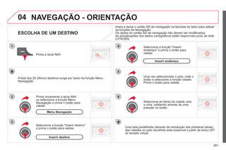 281
04
1
2
3
5
6
4
NAVEGAÇÃO - ORIENTAÇÃO
ESCOLHA DE UM DESTINO
Prima novamente a tecla NAV
ou seleccione a função Menu
Navegação e prima o botão para
validar.
Seleccione a função "Inserir destino"
e prima o botão para validar.
Prima a tecla NAV.
Seleccione as letras da cidade uma
a uma, validando através de uma
pressão no botão.
Uma vez seleccionado o país, rode o
botão e seleccione a função cidade.
Prima o botão para validar.
Insira e deixe o cartão SD de navegação na fachada do leitor para utilizar
as funções de Navegação.
Os dados do cartão SD de navegação não devem ser modificados.
As actualizações dos dados cartográficos estão disponíveis junto da rede
CITROËN.
Uma lista predefinida (através da introdução das primeiras letras)
das cidades no país escolhido está acessível a partir da tecla LIST
do teclado virtual.
Seleccione a função "Inserir
endereço" e prima o botão para
validar.
A lista dos 20 últimos destinos surge por baixo da função Menu
Navegação.
Menu Navegação
Inserir destino
Inserir endereço
 